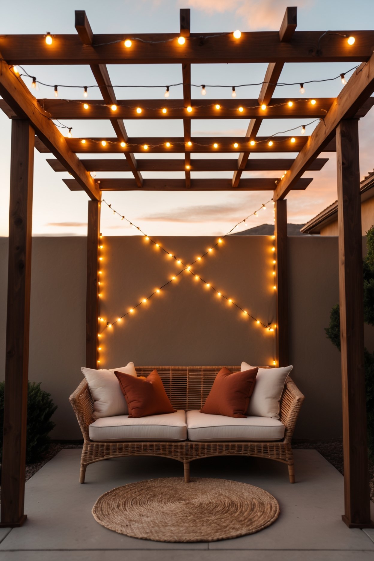 Rattan outdoor sofa with cream cushions and terracotta throw pillows under wooden pergola with criss-cross string lights
