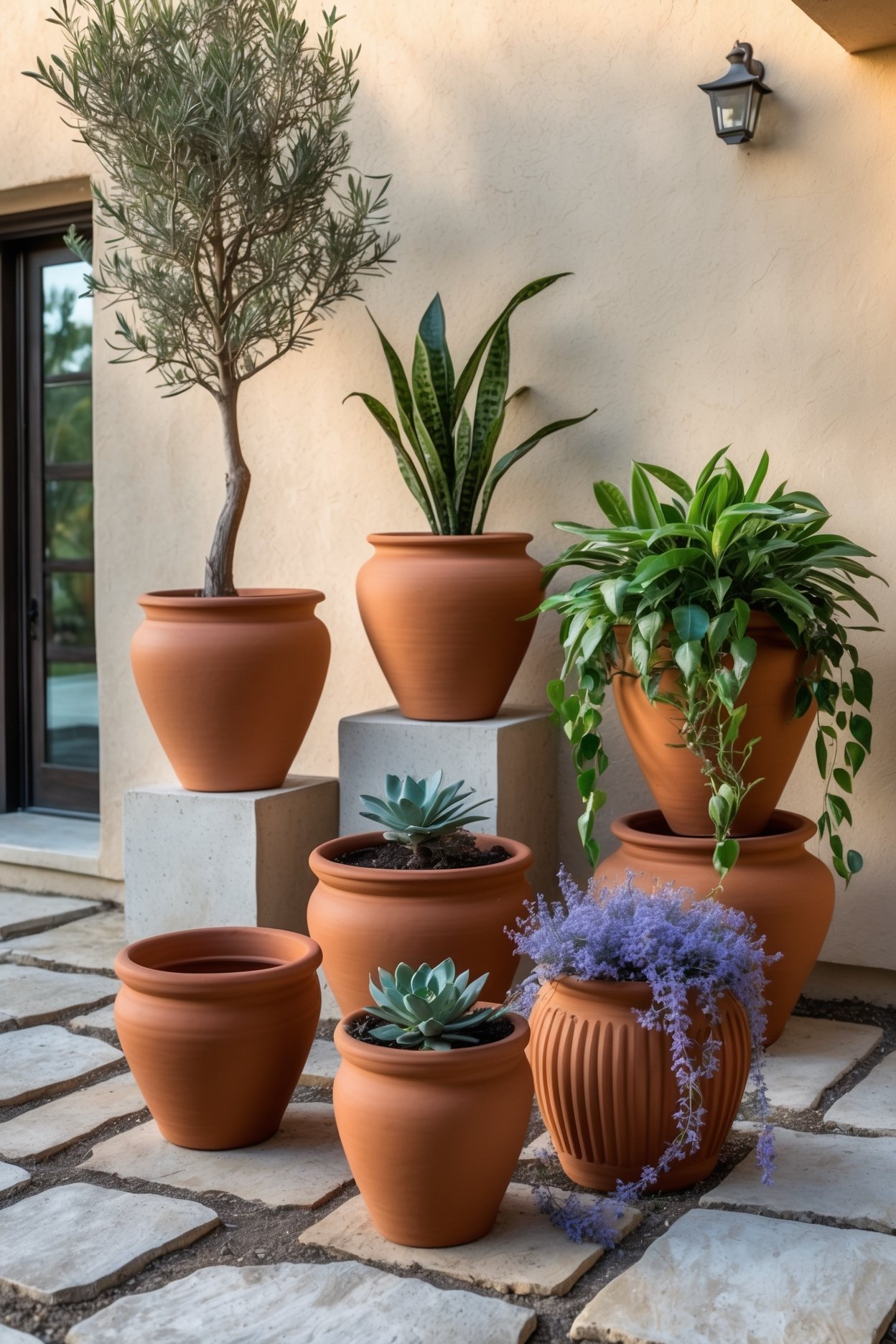 Cluster of five terracotta planters on flagstone patio with olive tree, snake plant, succulents, pothos and dried lavender