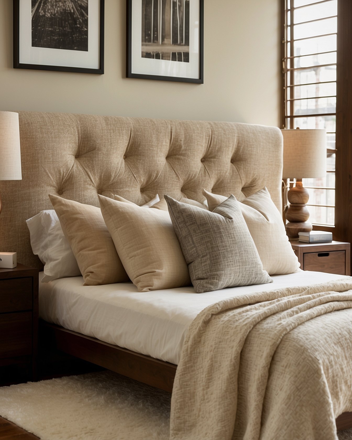 Cream boucle bench at foot of walnut platform bed