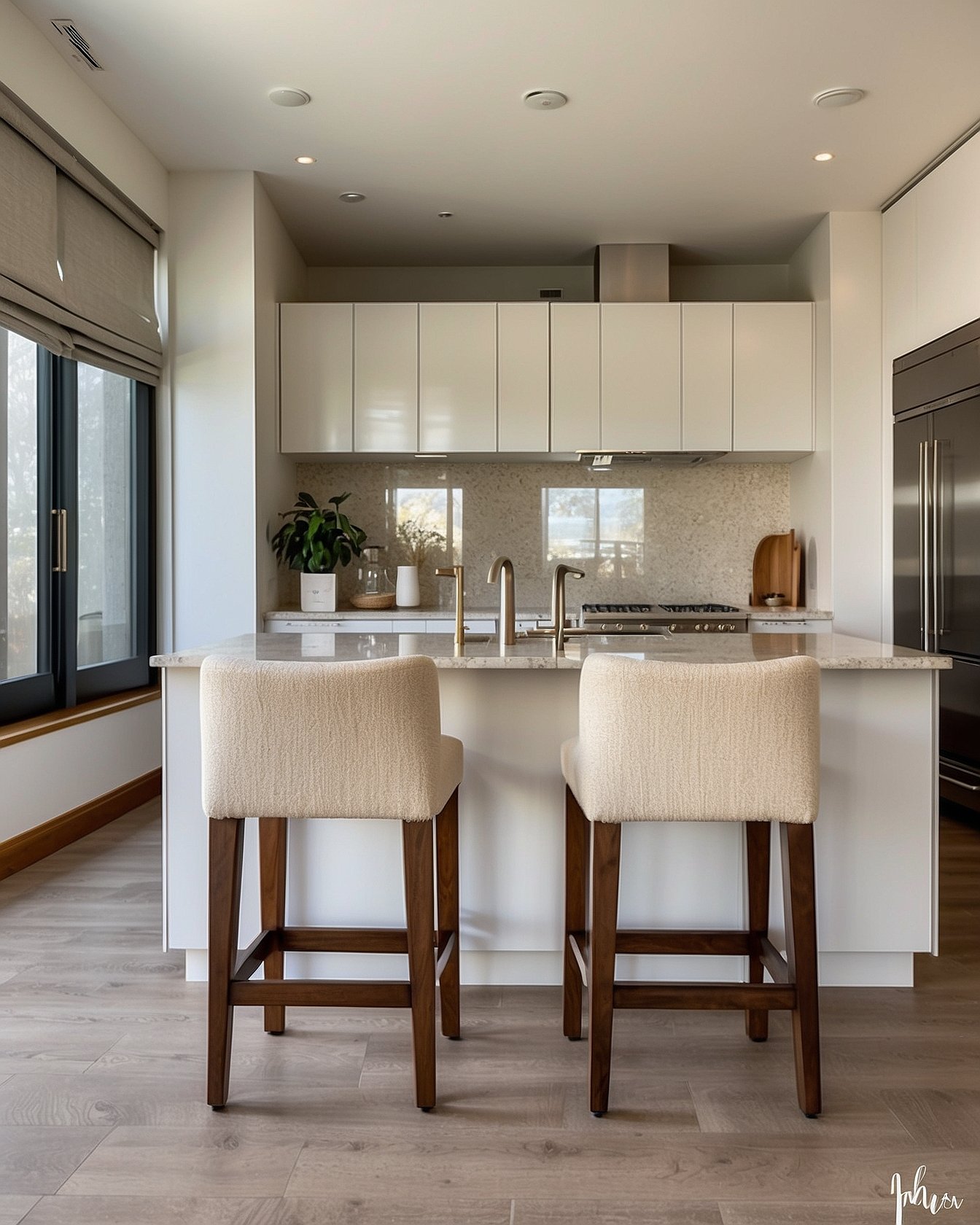 Three cream boucle counter stools with walnut legs at kitchen island