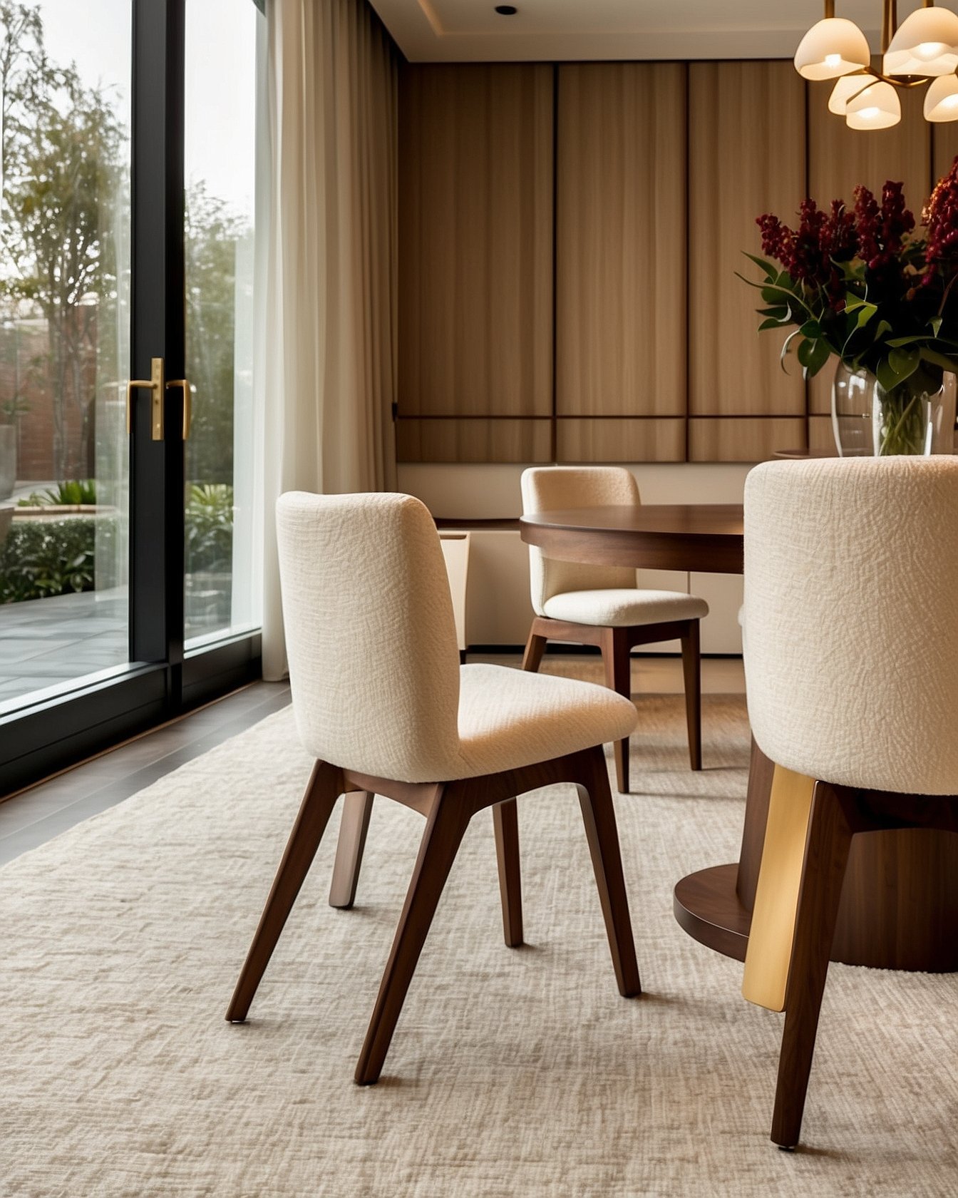 Cream boucle dining chair with walnut legs at dining table