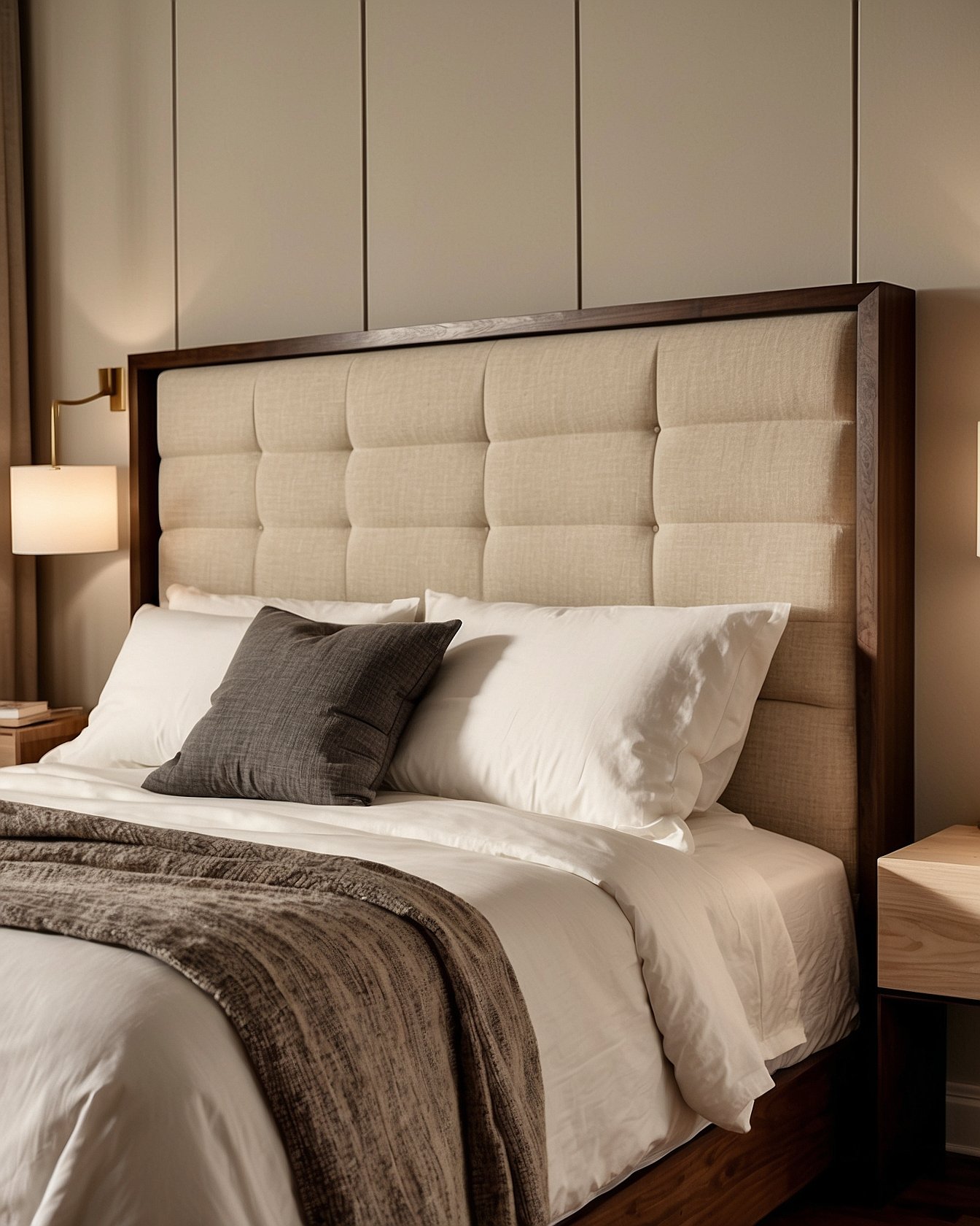 Cream boucle upholstered headboard on walnut platform bed