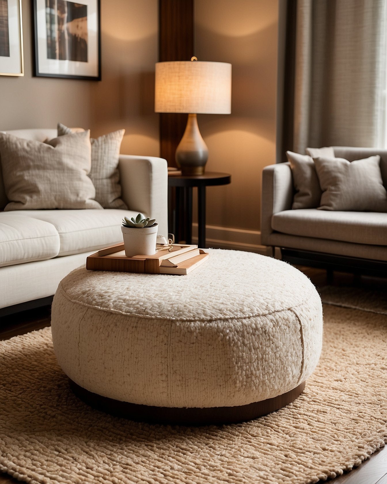 Cream boucle round pouf ottoman with tray in living room
