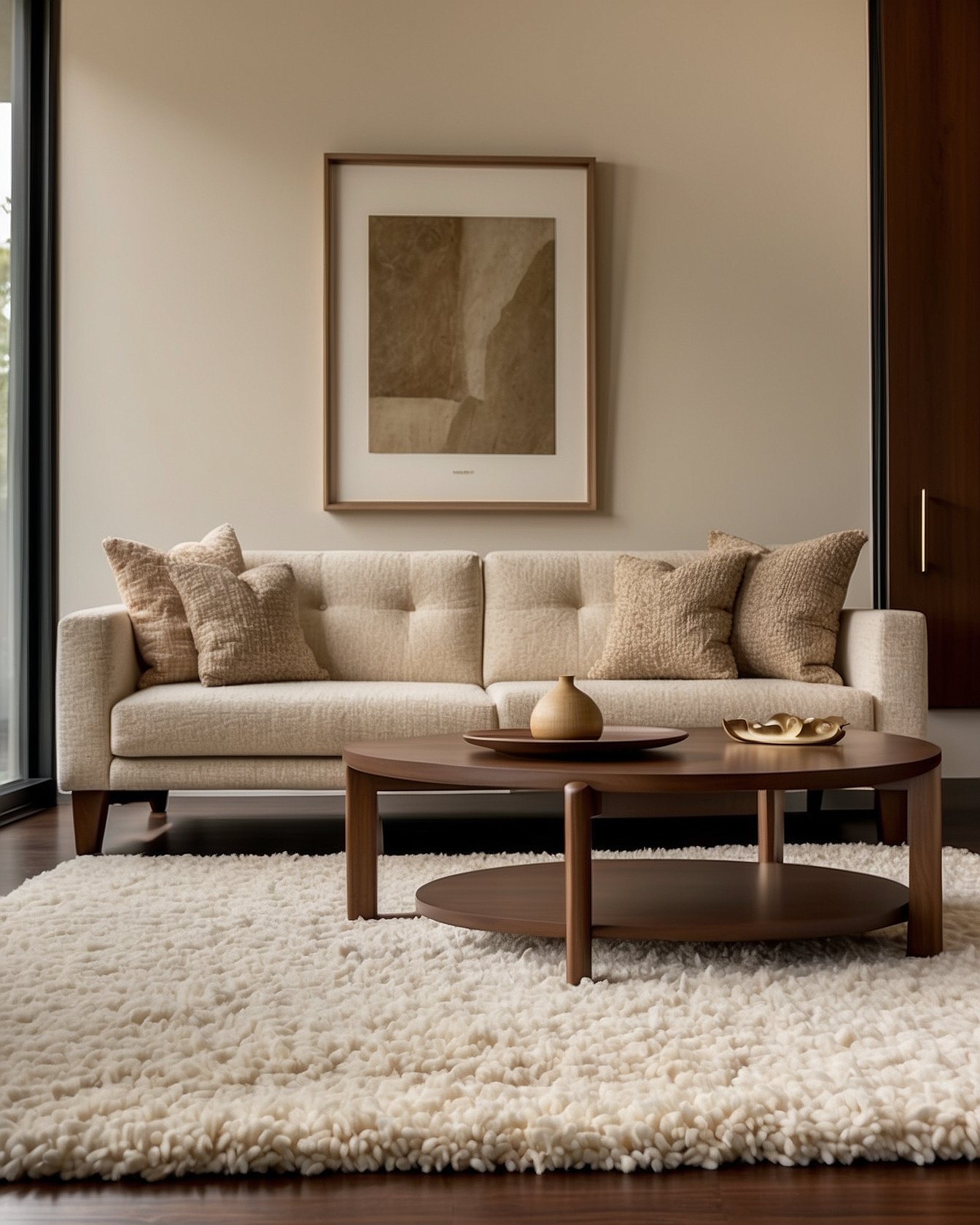 Cream boucle 3-seat sofa in modern warm neutral living room