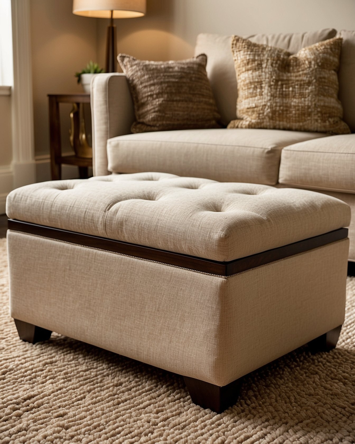 Cream boucle storage ottoman with hinged lid in living room