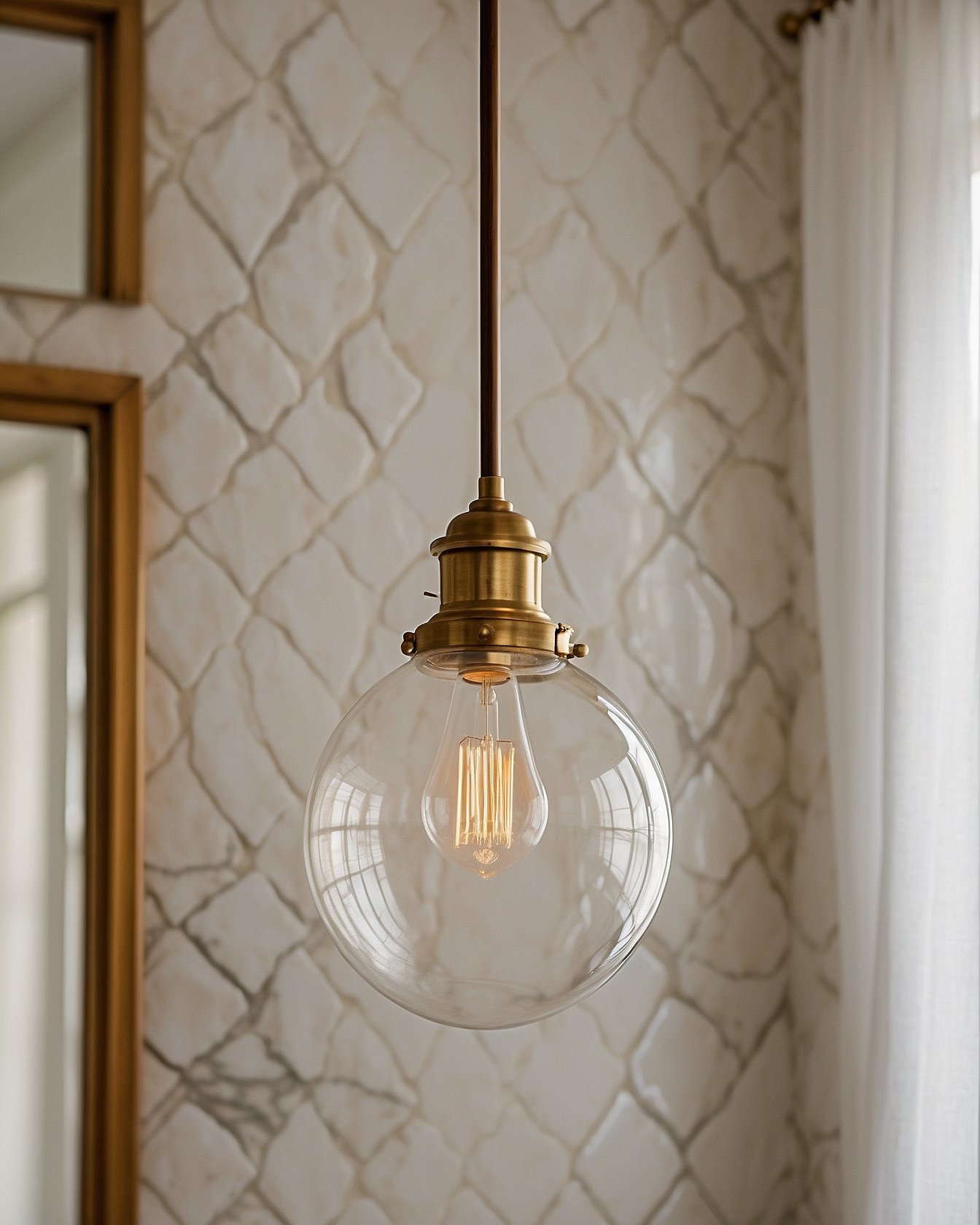 Brass globe pendant light hanging above marble bathroom vanity