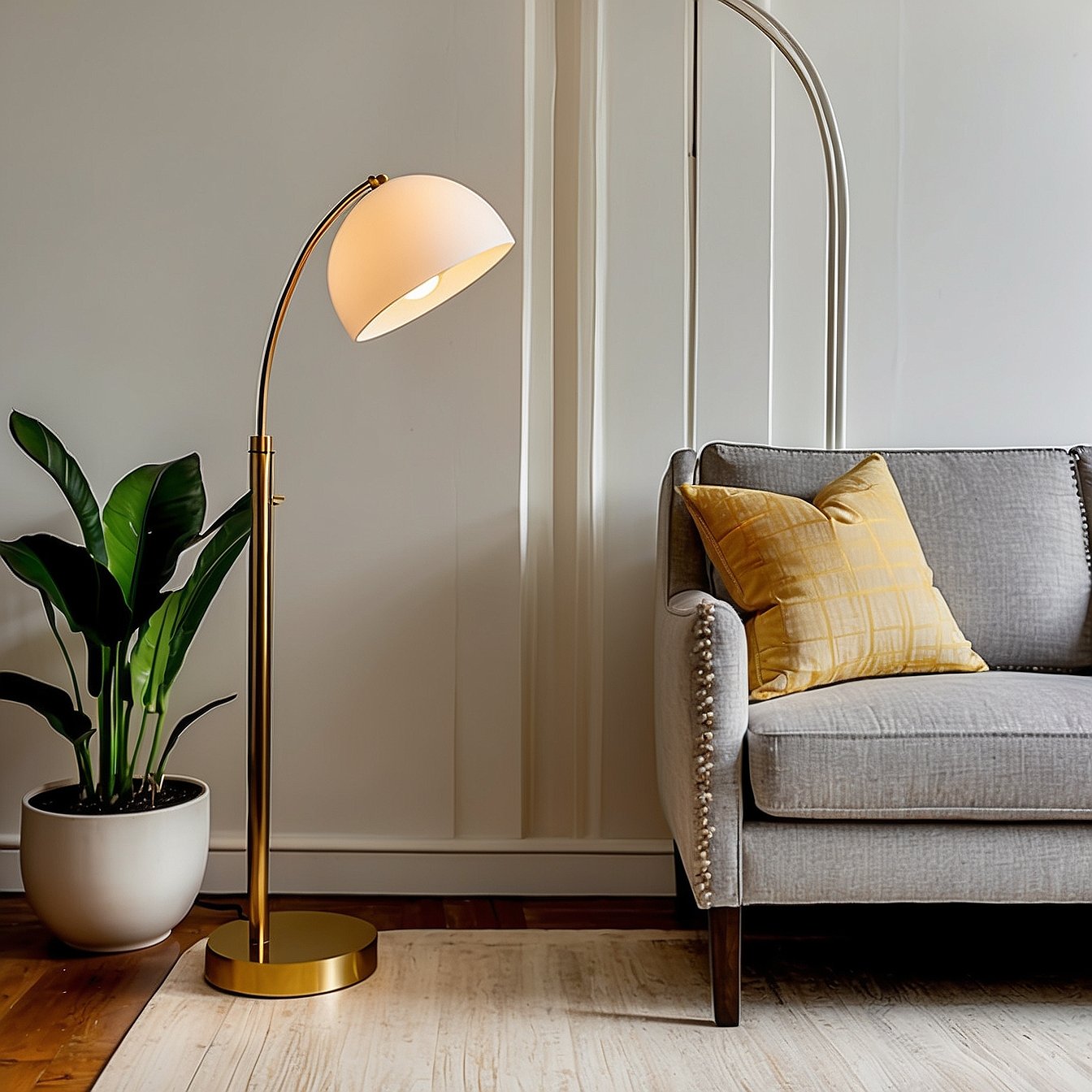 Brass floor lamp by sofa