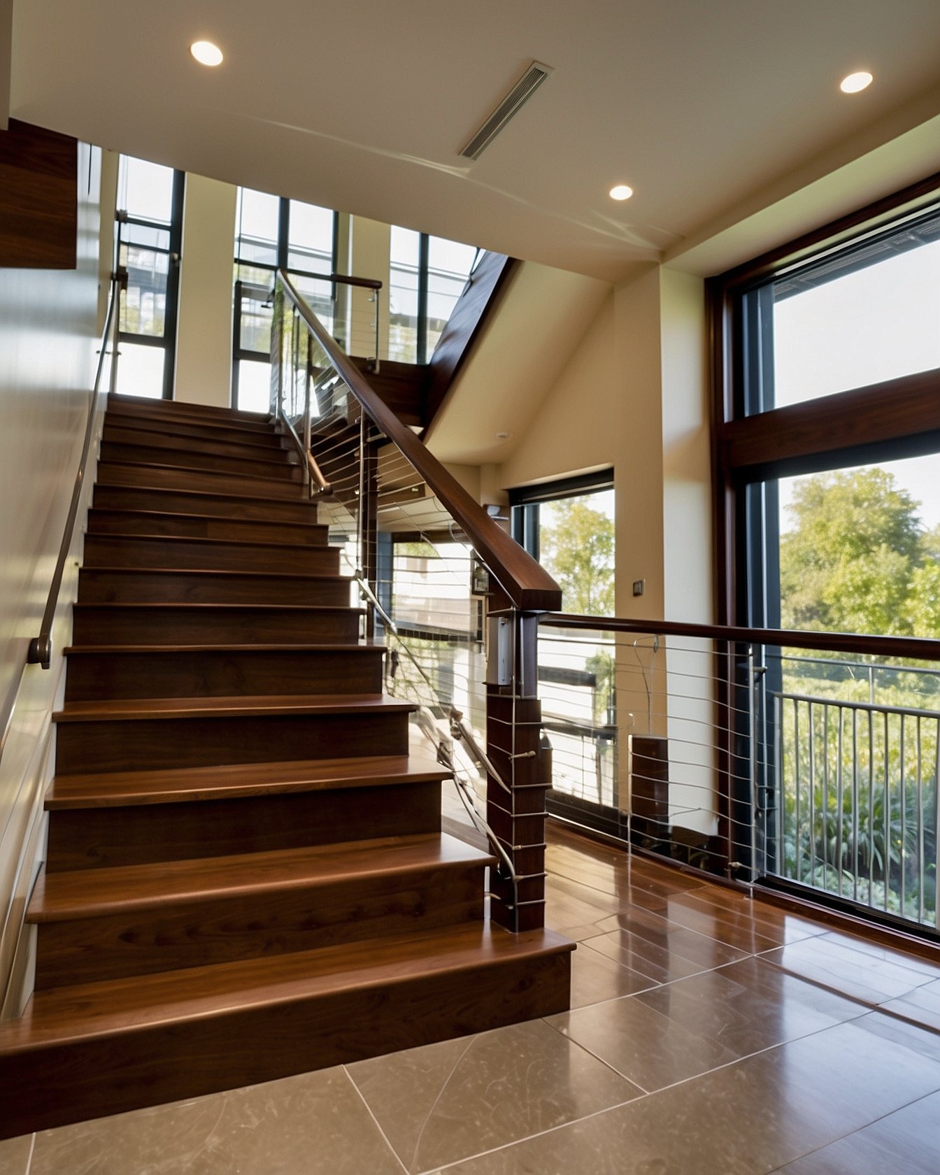 Muzata cable railing kit on walnut staircase posts