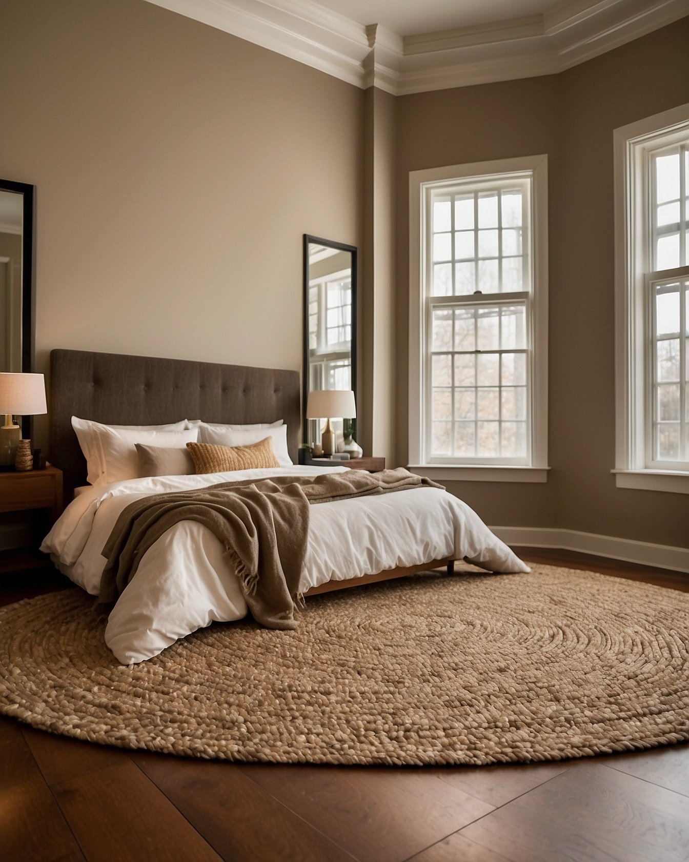Chunky braided natural jute rug 8x10 under walnut bed in neutral bedroom