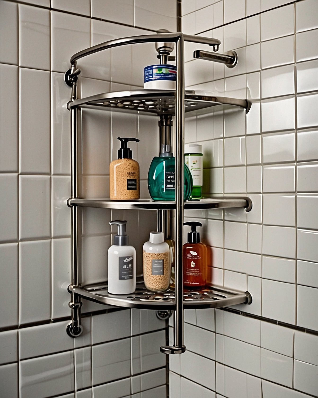Stainless steel corner shower shelves in walk-in shower
