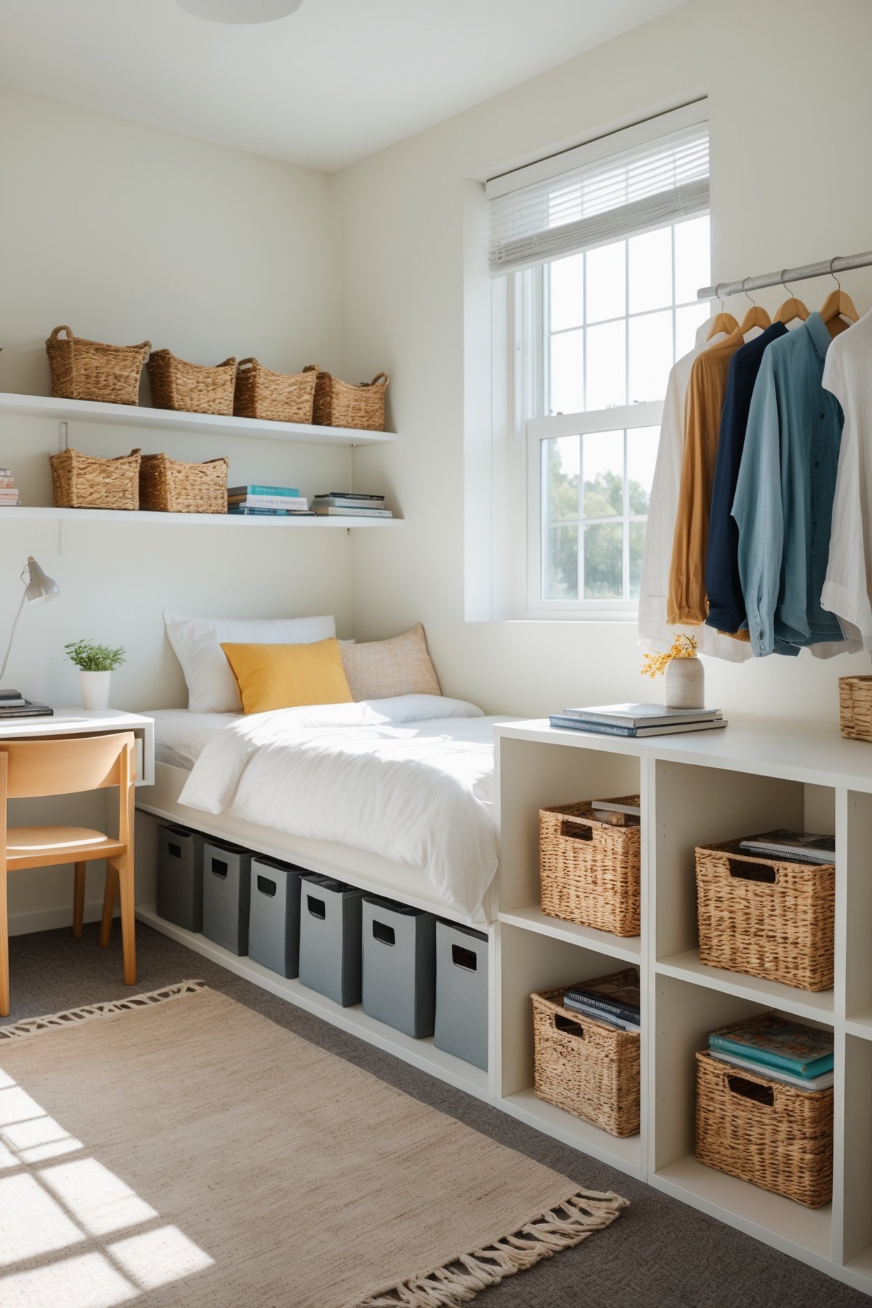 Smart small space storage with bins and woven baskets