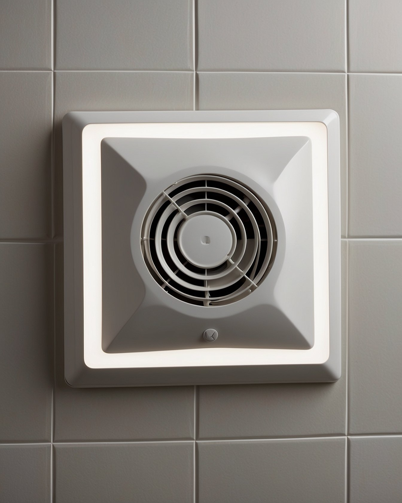 Modern square exhaust fan with integrated LED light on white ceiling