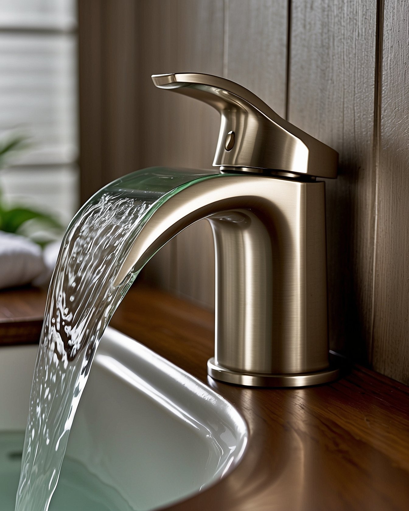 Waterfall bathroom faucet in brushed nickel finish on walnut vanity