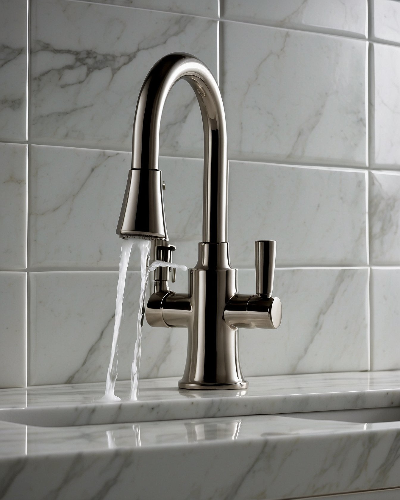 Commercial style bathroom faucet with pull-down sprayer in brushed nickel