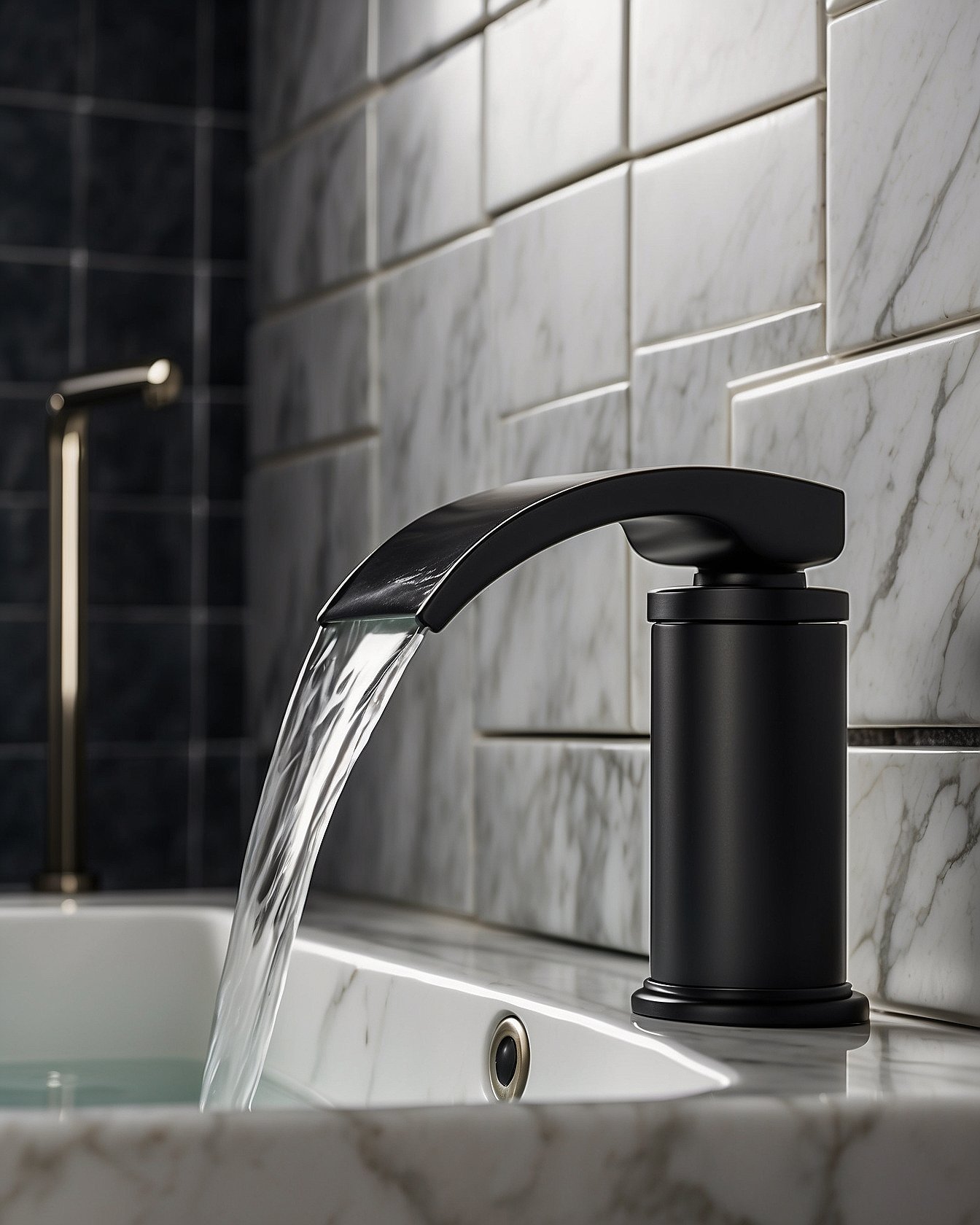 Single handle waterfall bathroom faucet in matte black finish