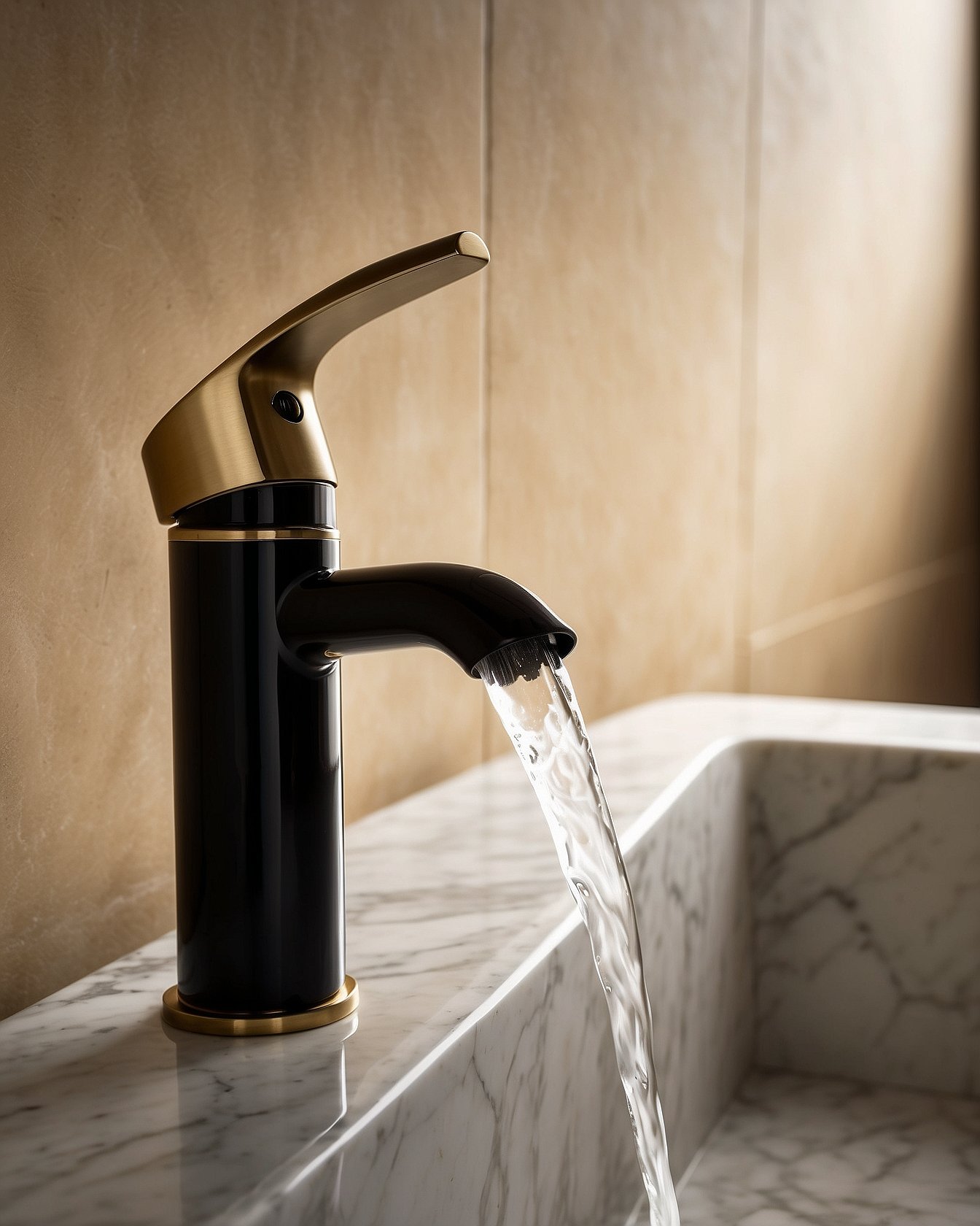 Sleek modern bathroom faucet with matte black body and brushed brass accents