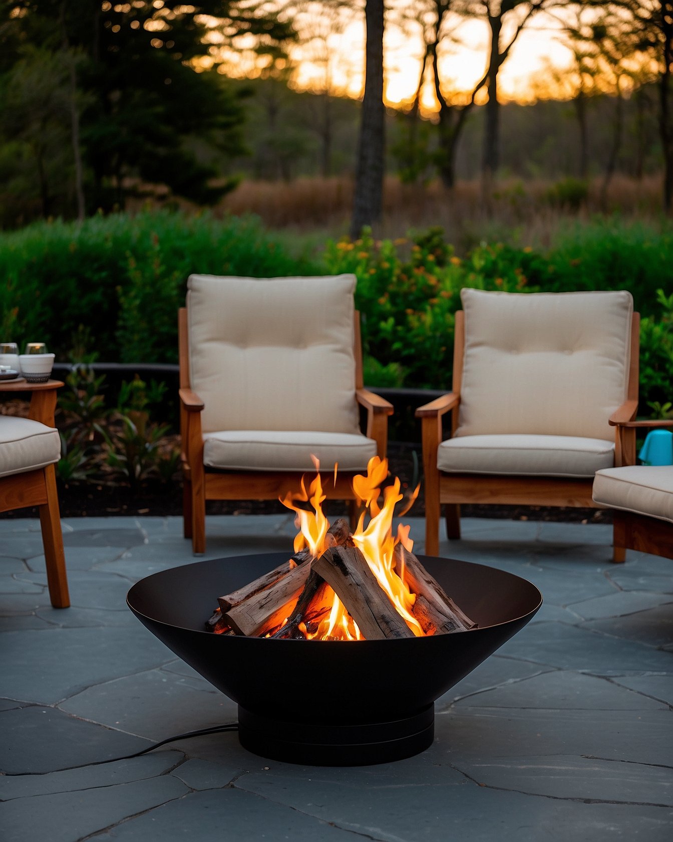 Portable round metal bowl fire pit in matte black with adirondack chairs