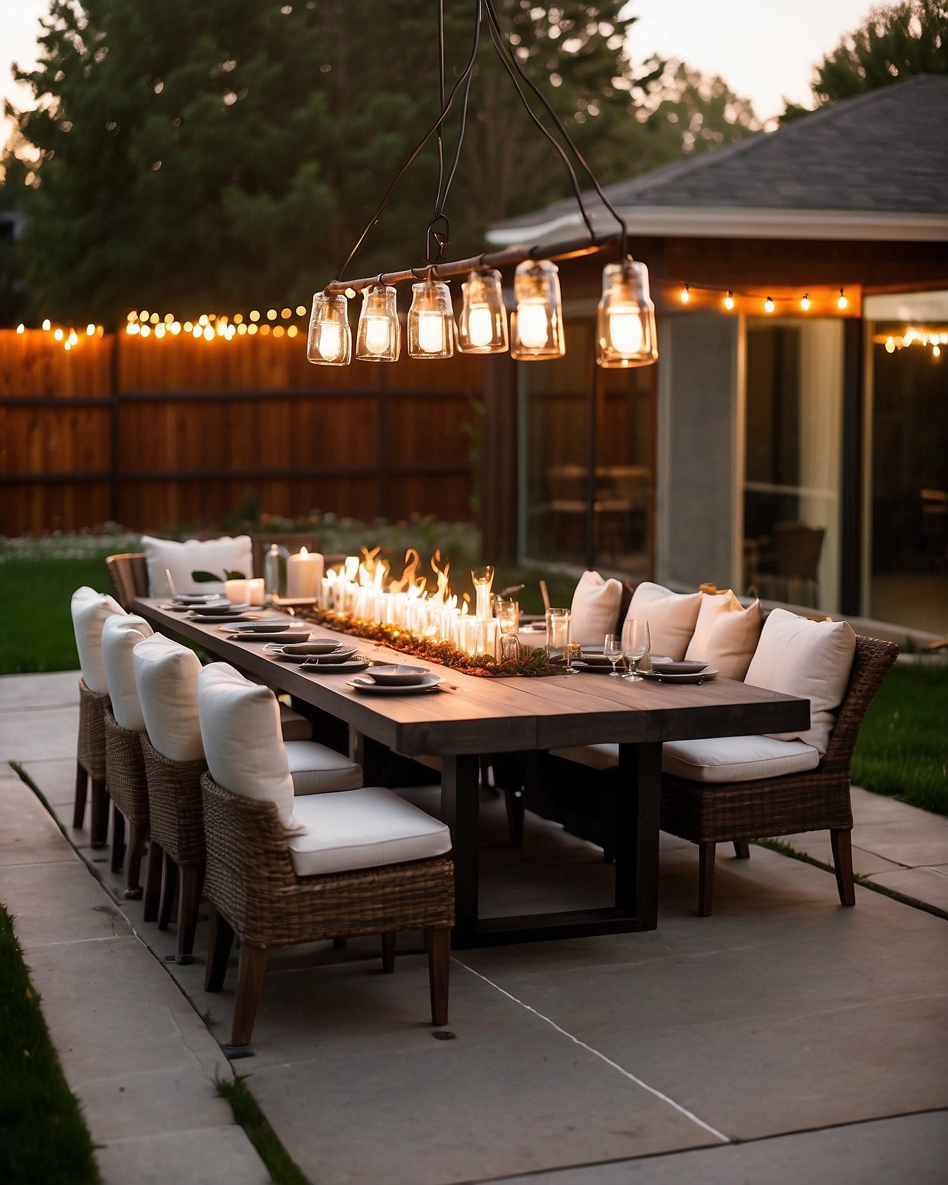 Long outdoor dining table with linear gas fire pit running down the center