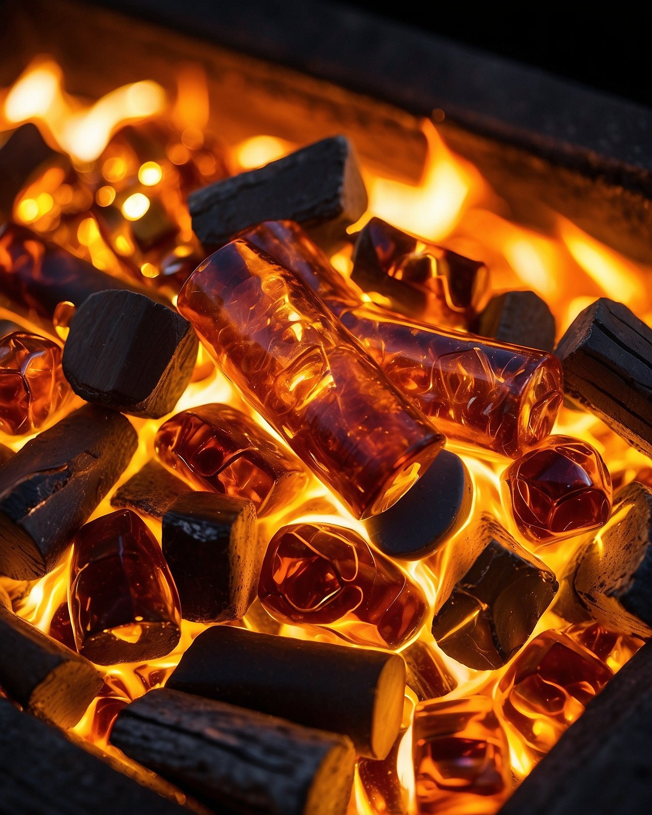 Glowing amber fire glass and ceramic logs inside modern gas fire pit insert