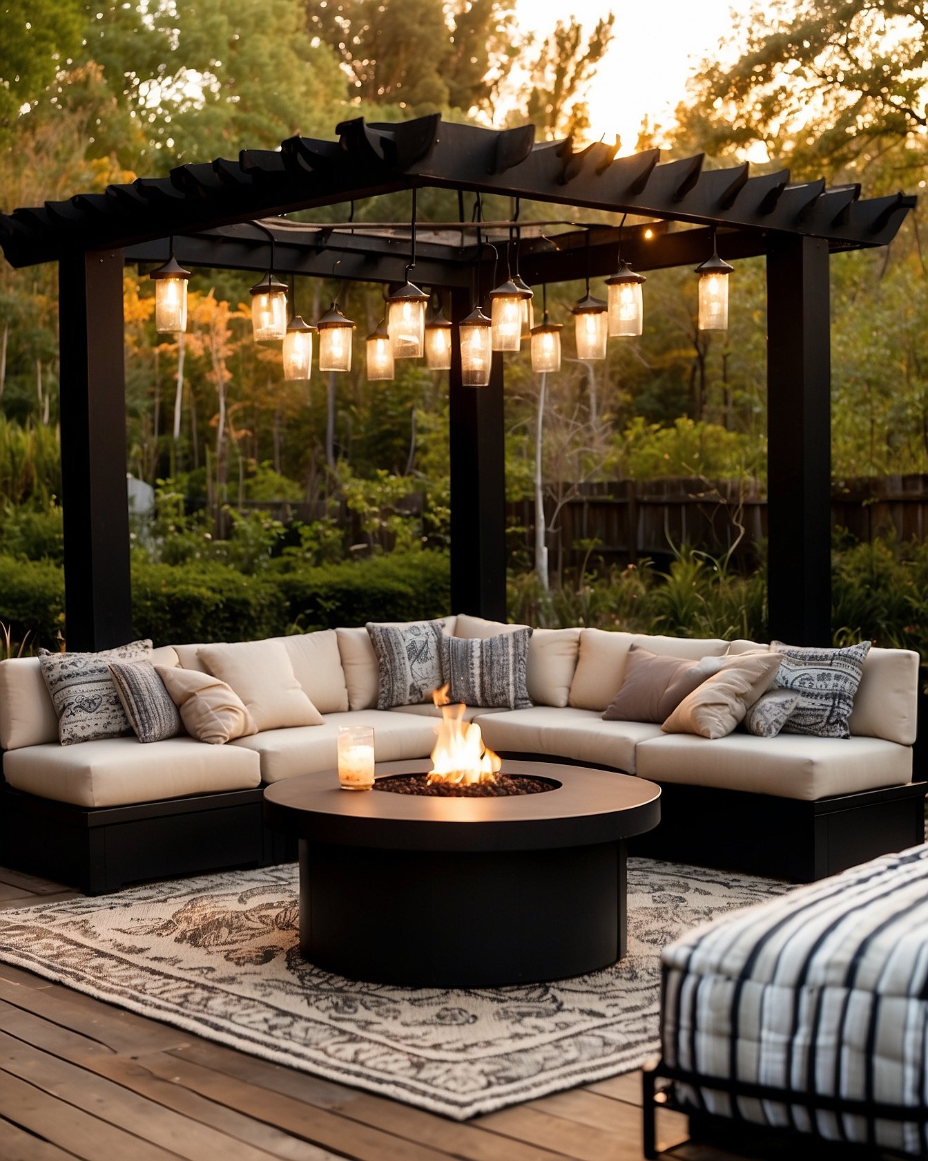 Modular L-shaped outdoor sectional with cream cushions around round propane fire pit