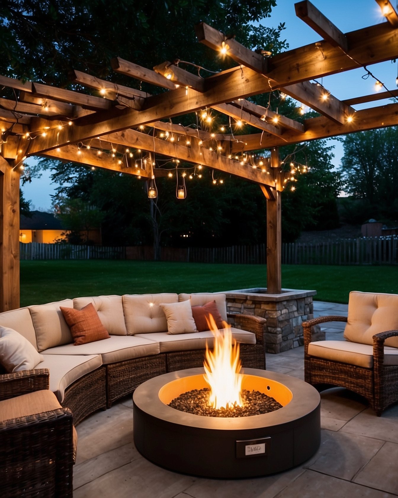 Wooden pergola with criss-cross string lights above portable bowl fire pit