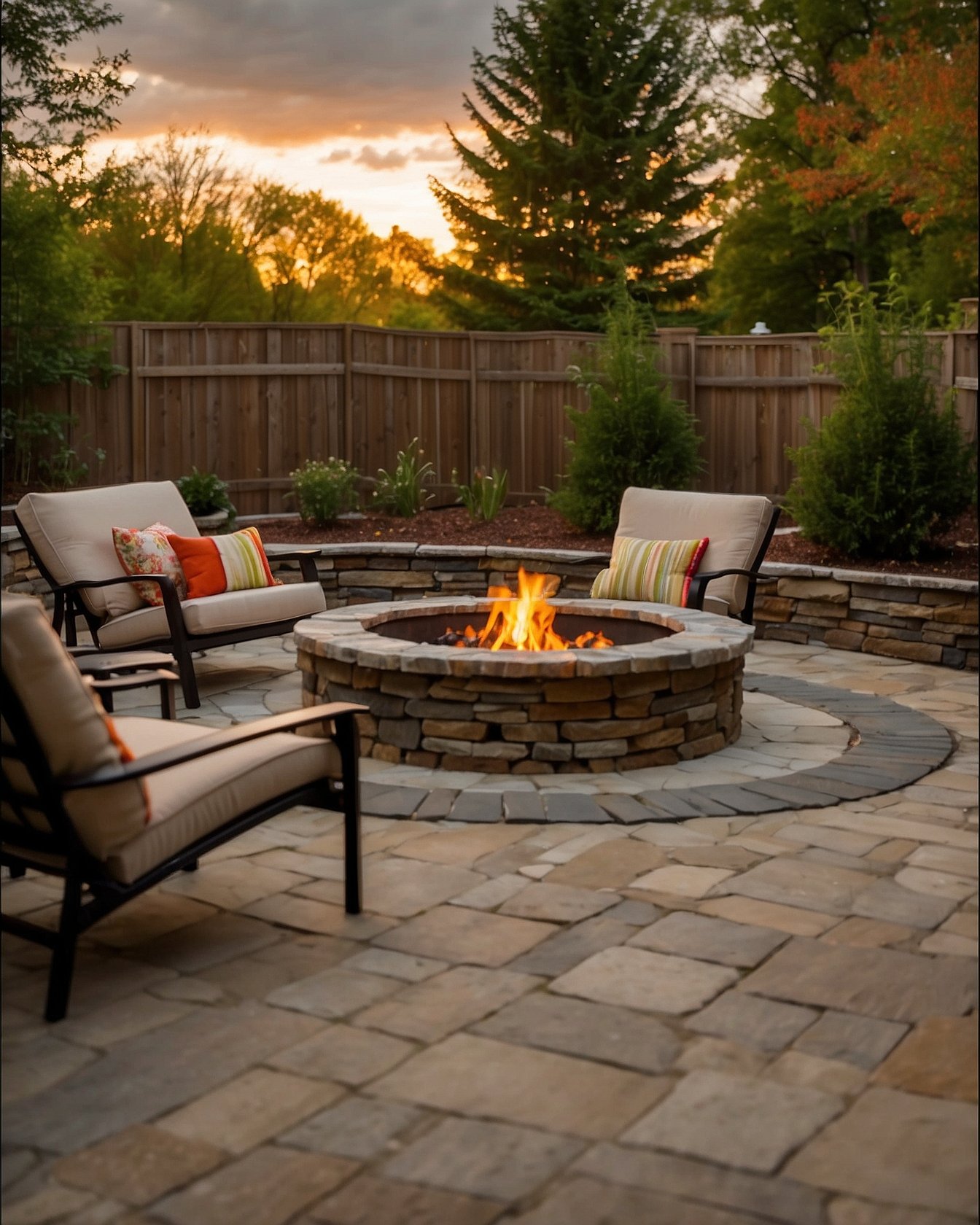 Built-in fire pit with stacked stone surround on flagstone patio
