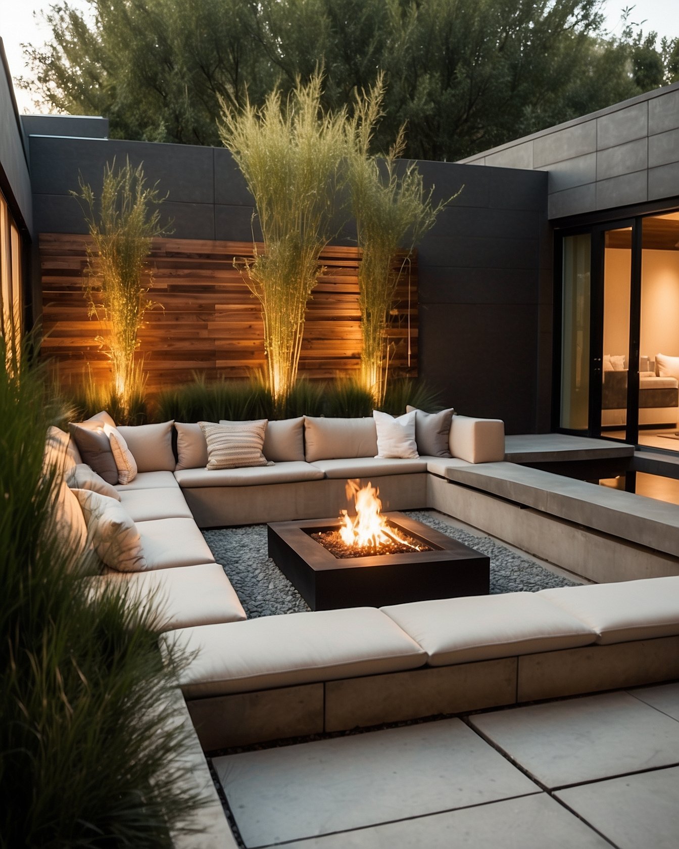 Sunken seating area with built-in concrete benches around square gas fire pit