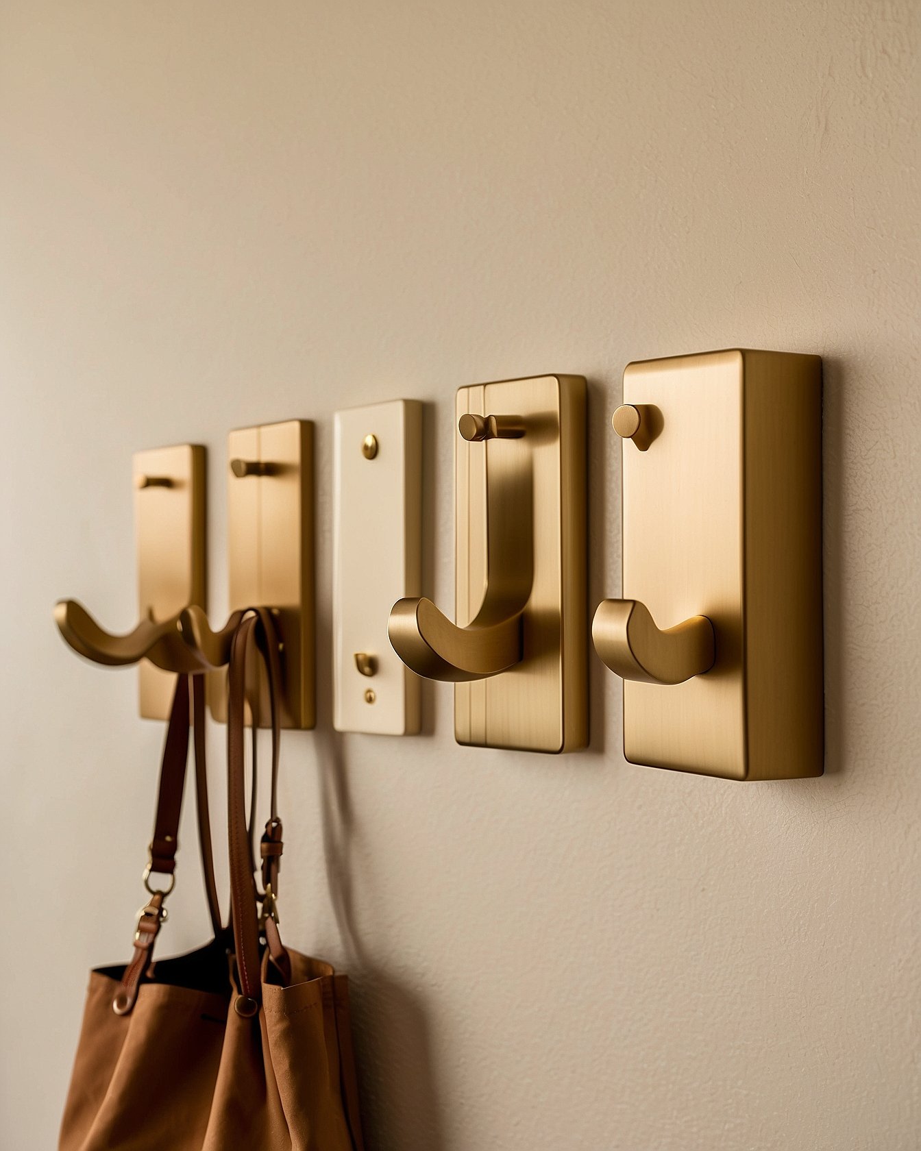 Umbra Flip brass wall hooks mounted in entryway
