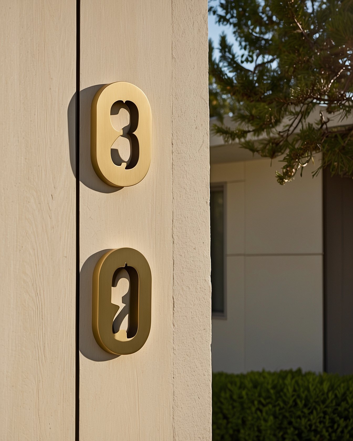 Modern brass floating house numbers mounted on cream cottage wall