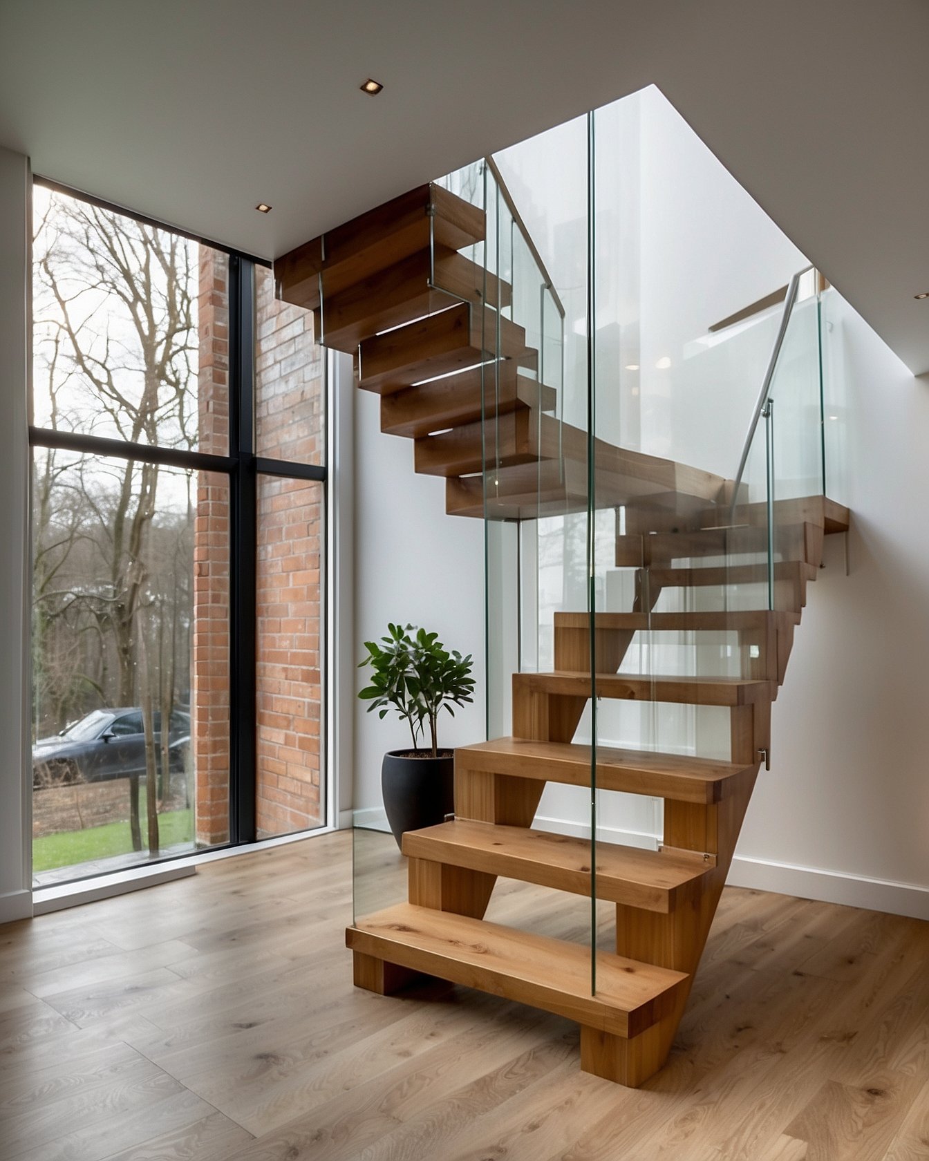 Modern floating staircase with oak treads cantilevered from wall