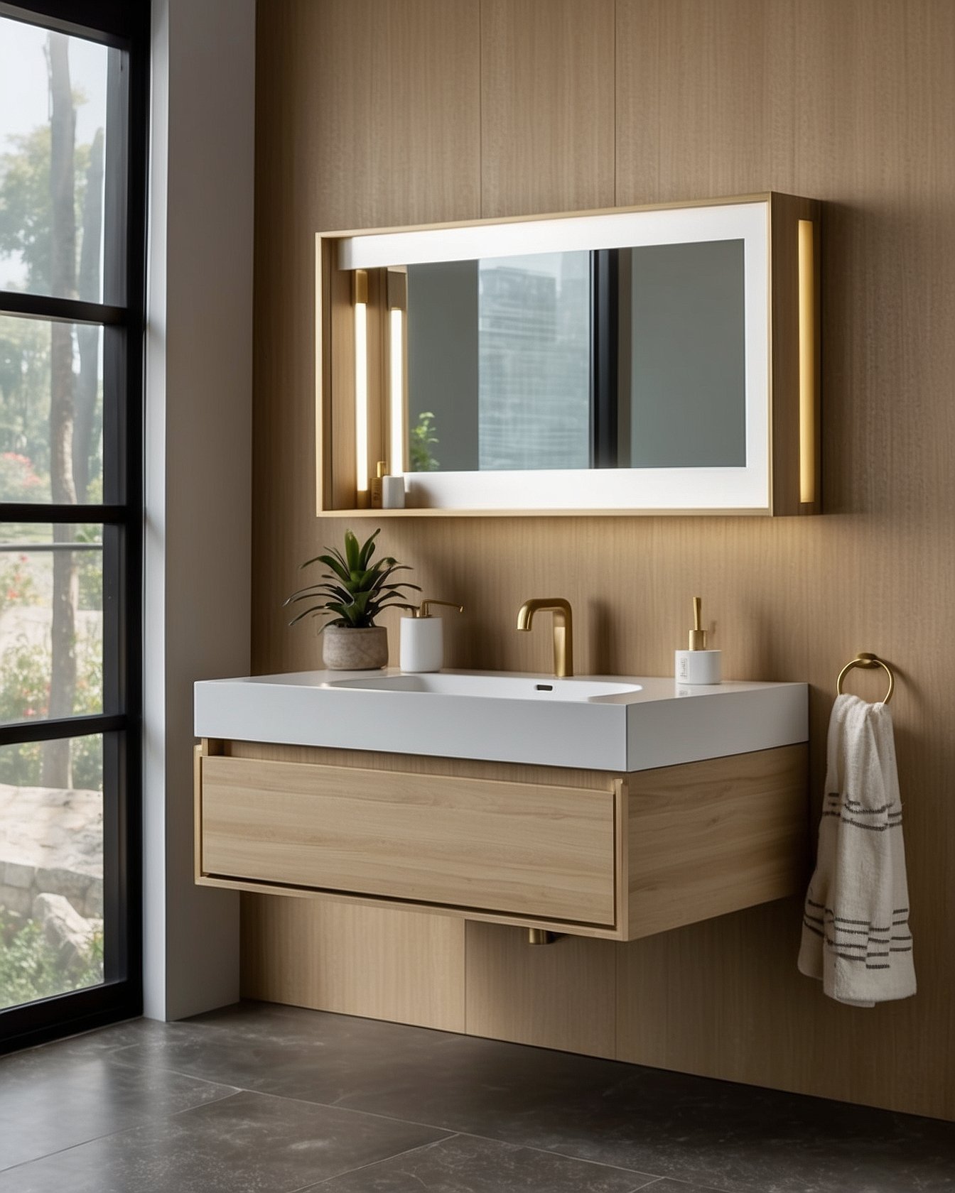 Budget floating bathroom vanity in white oak with sintered stone sink