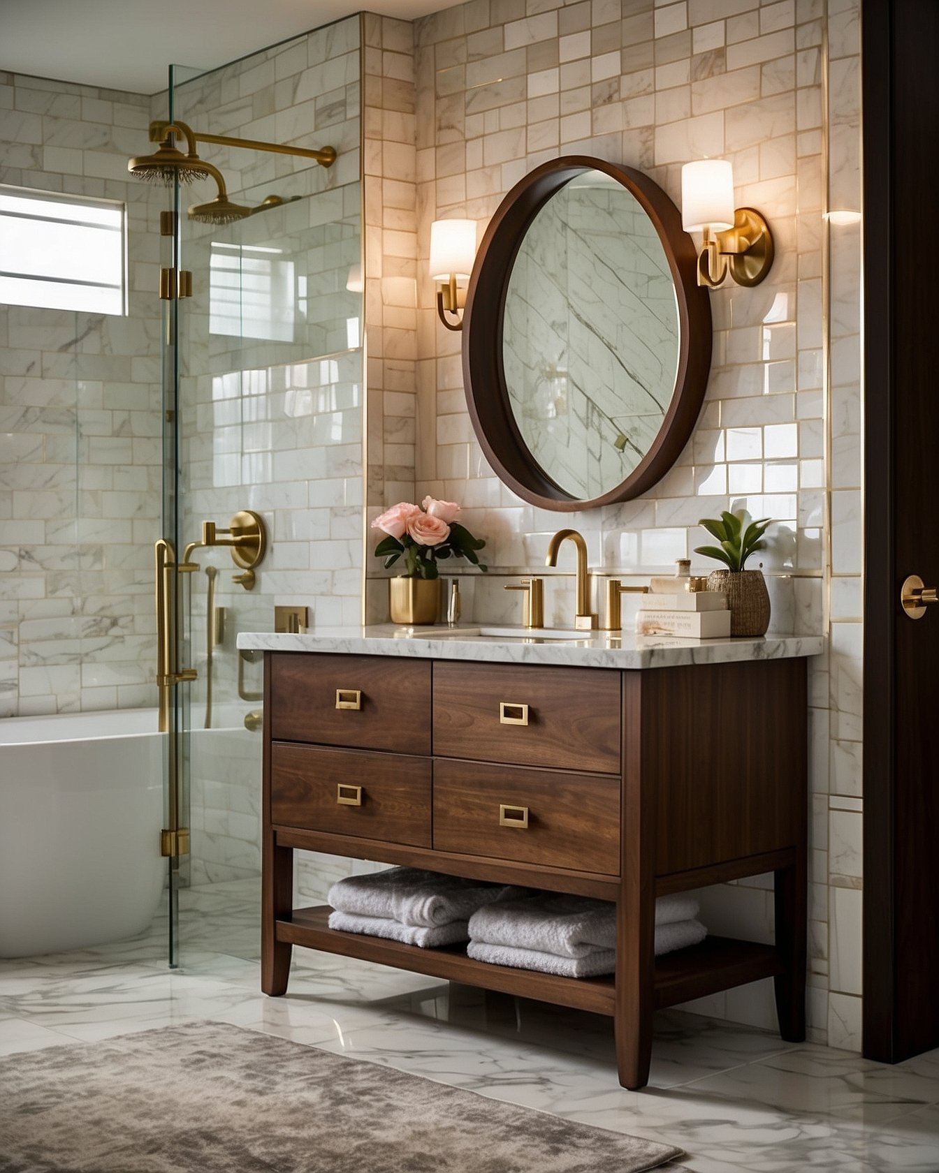 Mid-range 48 inch walnut floating vanity with marble top and double sinks