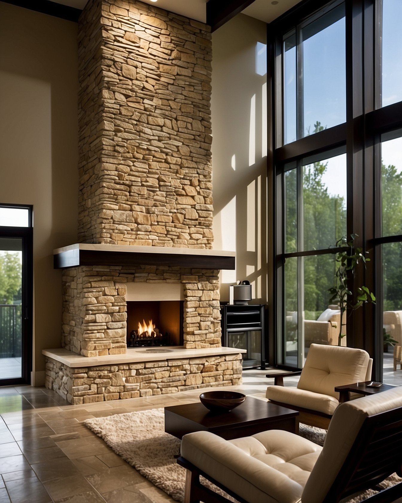 Floor-to-ceiling stone fireplace with cantilevered wood bench