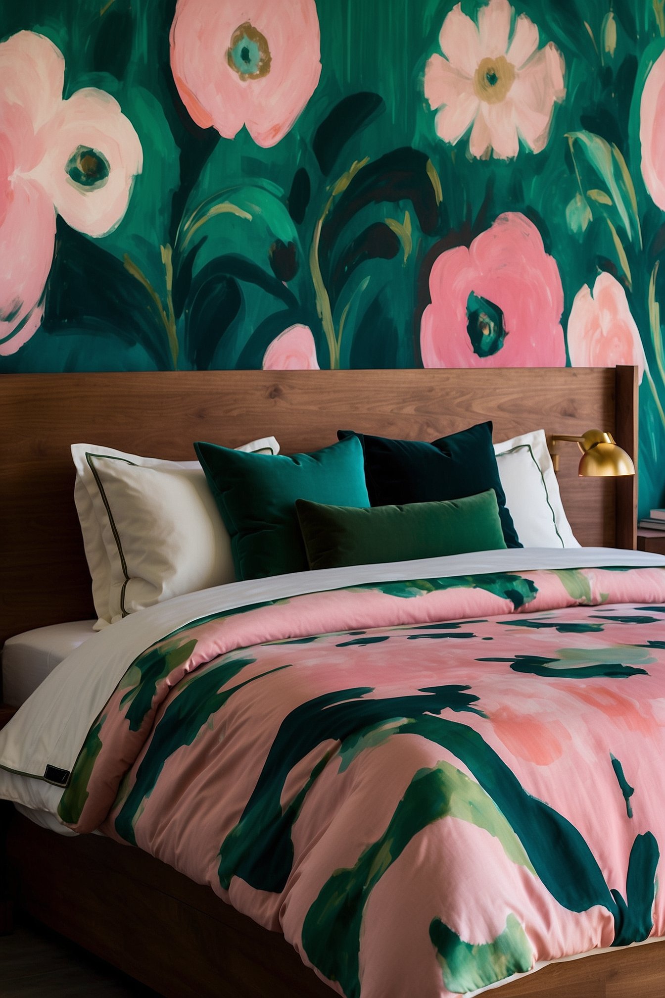 Bold modern botanical floral duvet cover with large emerald and pink pattern on platform bed