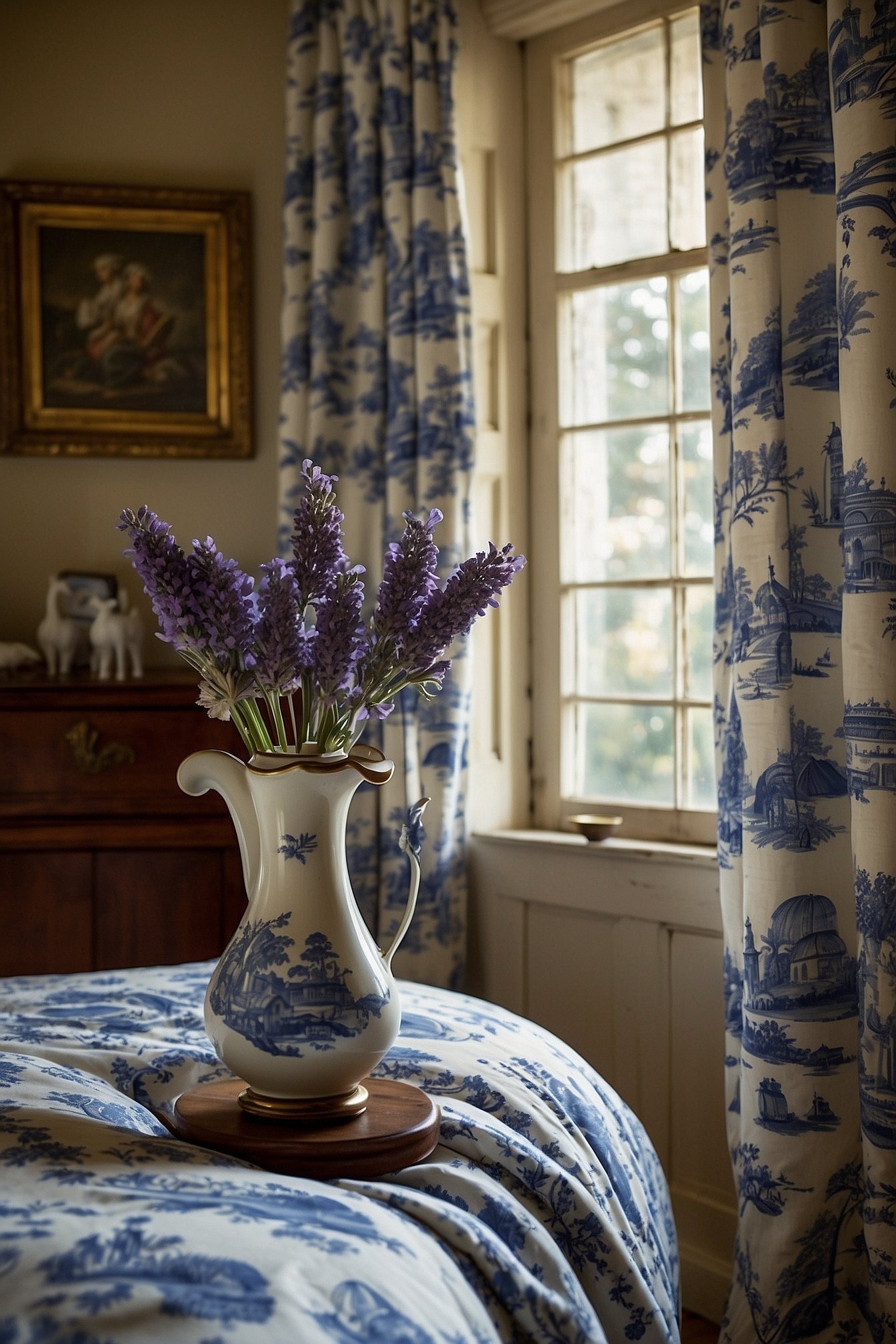 French country blue and white toile bedding on antique four poster bed with brass candlestick lamp