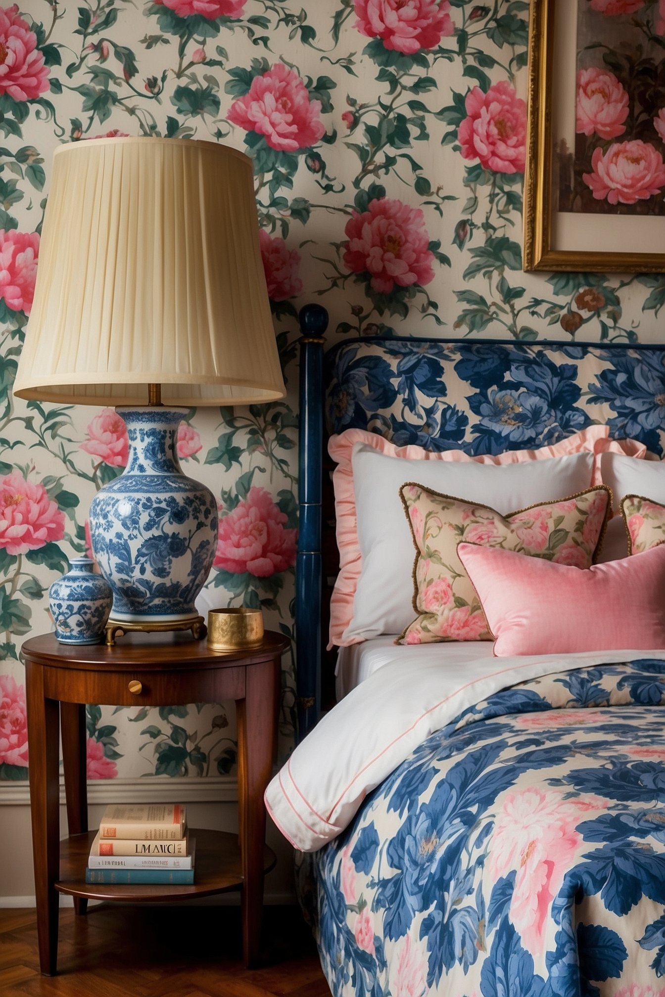 Grandmillennial mixed floral bedding with chinoiserie pattern, ruffled pillow shams and antique brass bed