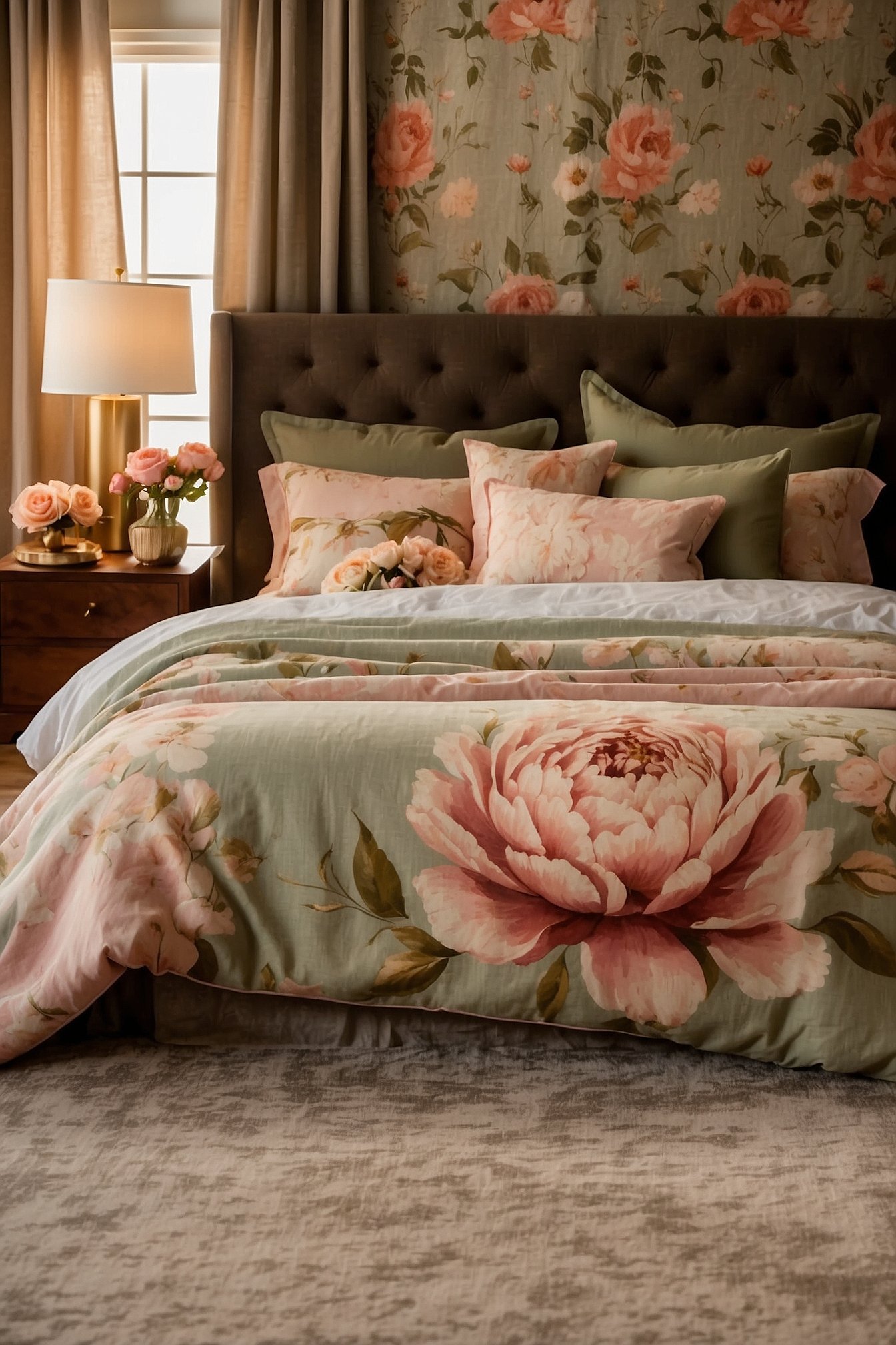 Romantic bedroom with watercolor floral duvet cover and walnut bed