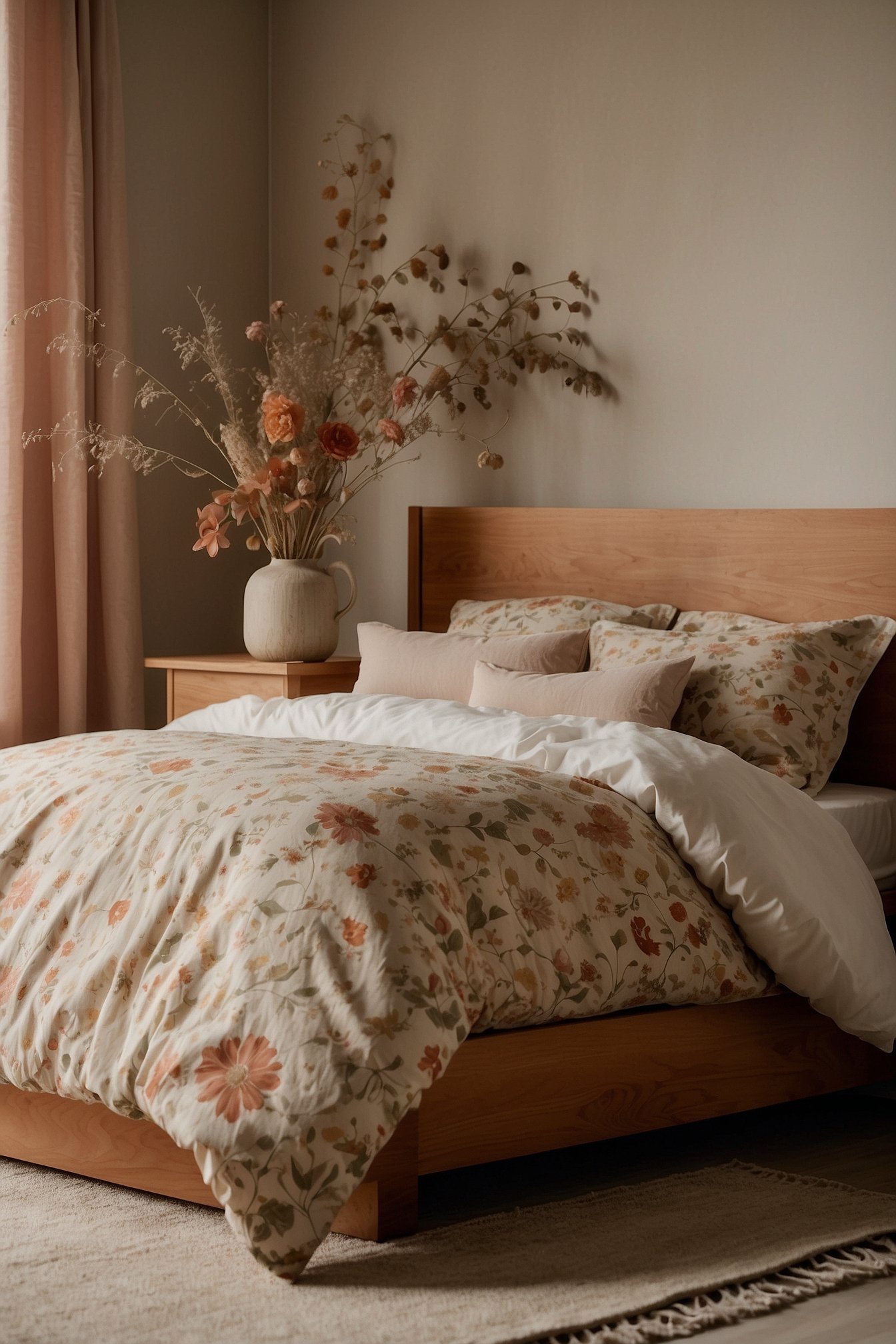 Organic cotton wildflower duvet cover in muted earth tones on Scandinavian platform bed