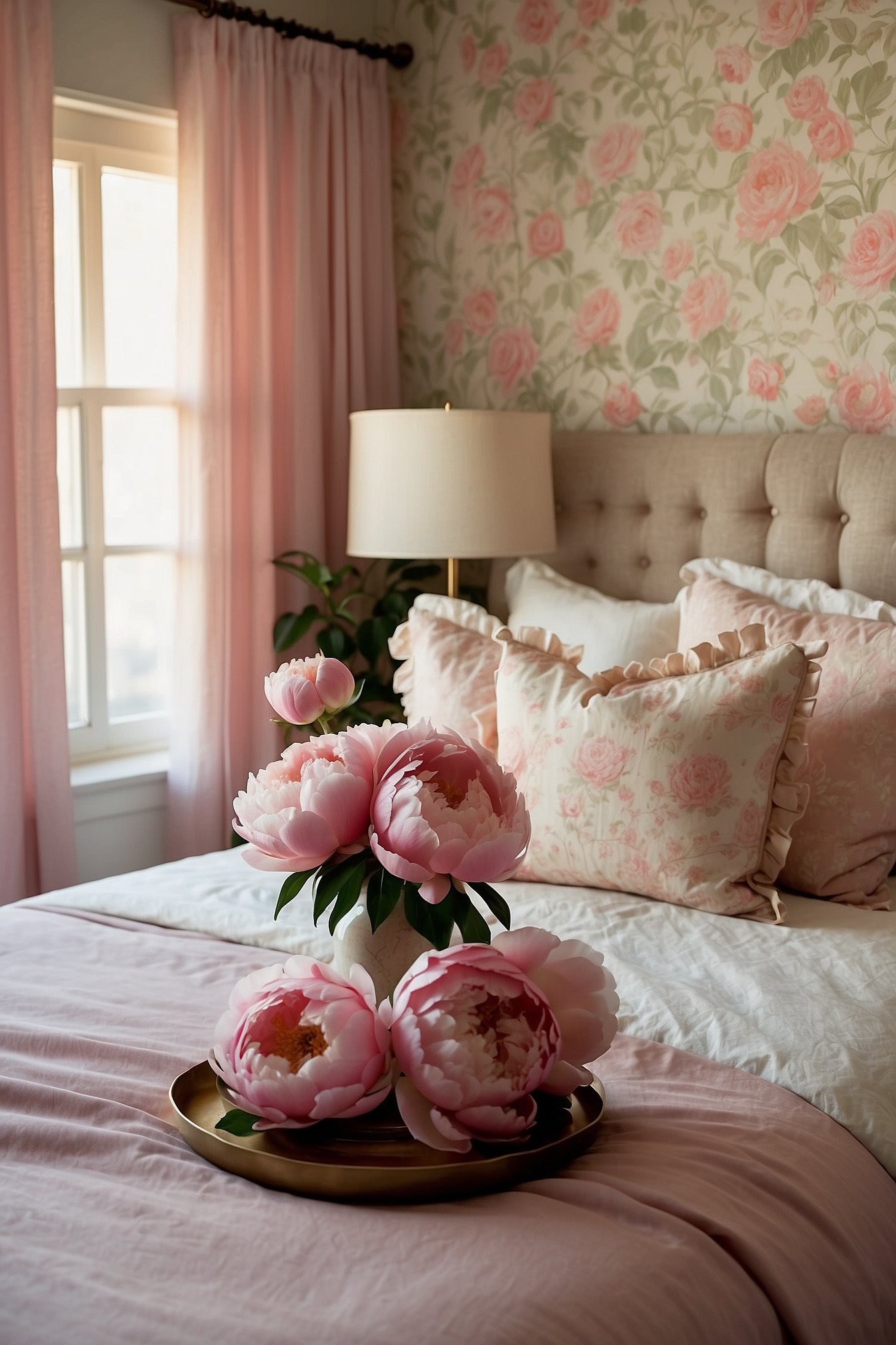 Pink peony floral duvet cover on queen bed with cream upholstered headboard and blush throw pillows