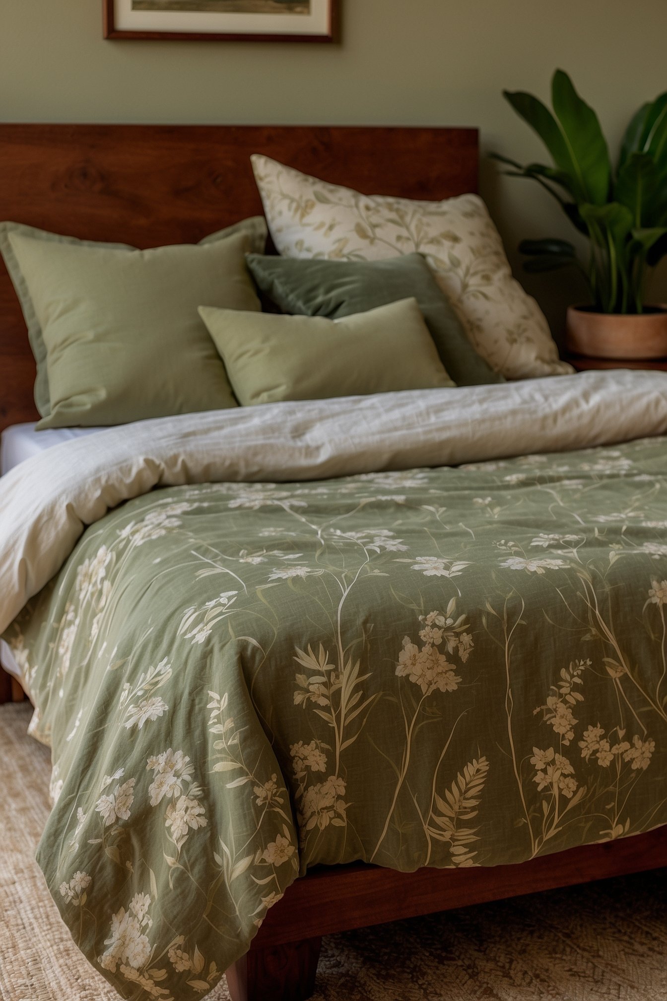 Sage green botanical floral duvet on walnut bed with terracotta pot and brass wall sconce