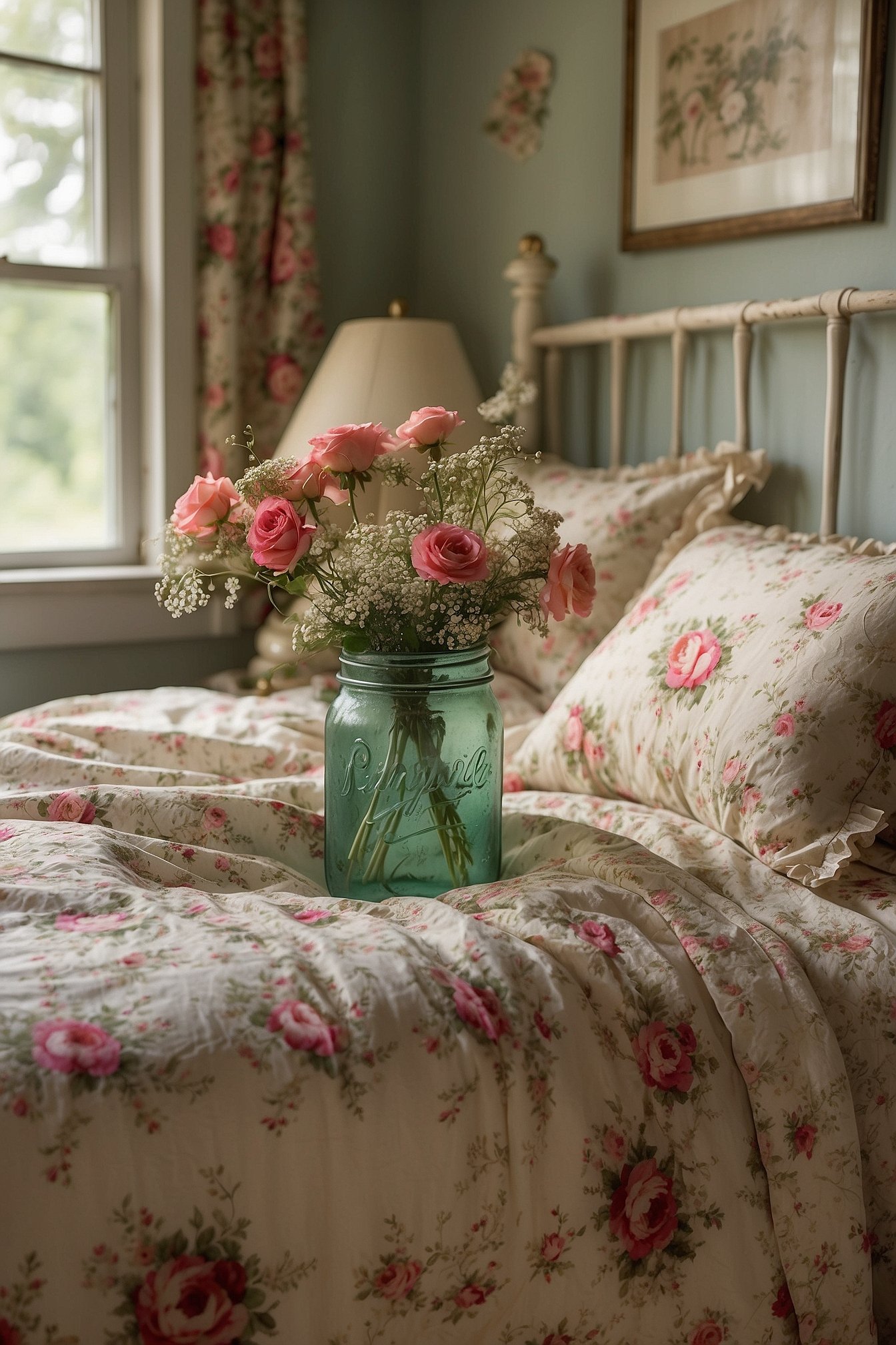 Vintage cottagecore floral bedding with small rosebud pattern on white wrought iron bed