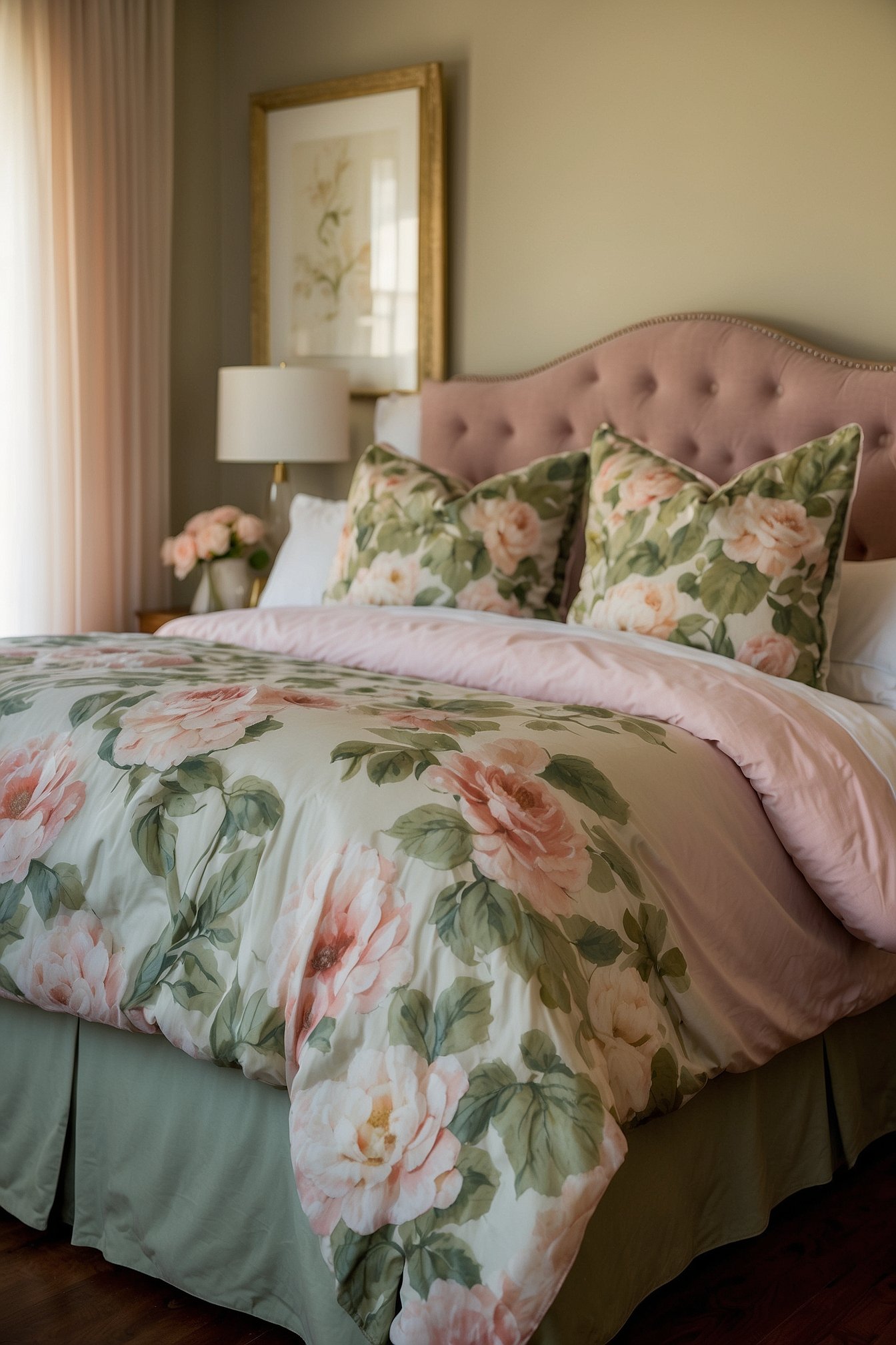 Watercolor peony floral duvet cover on queen bed with cream pillowcases and walnut headboard