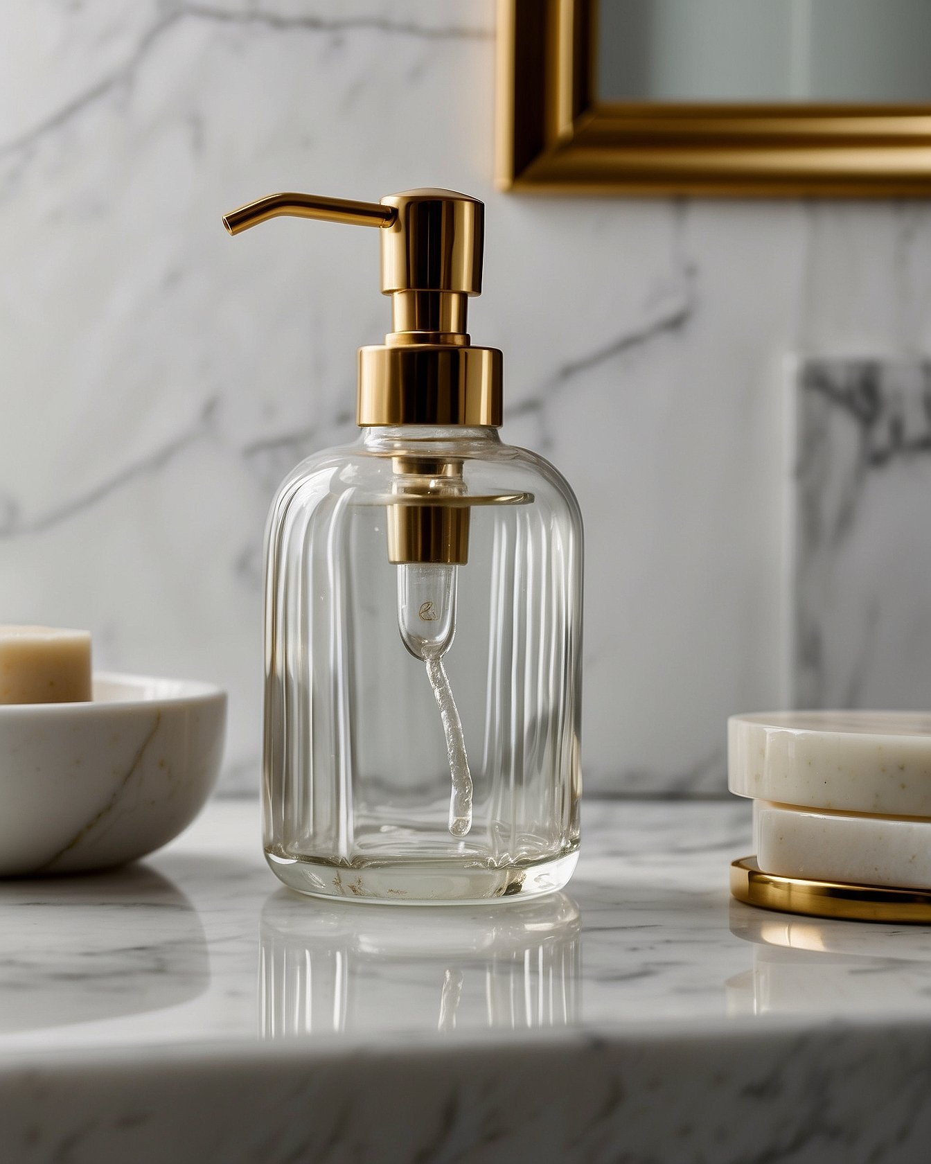 JASAI clear glass soap dispenser on white marble bathroom counter