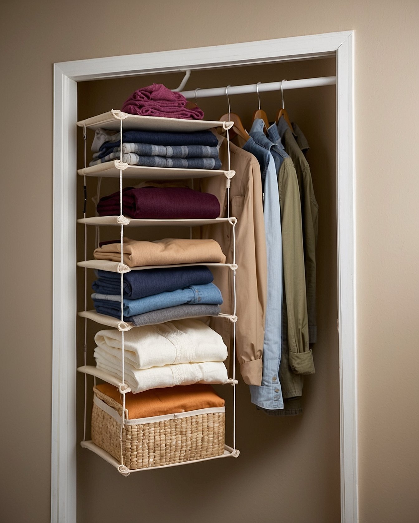Hanging 6-shelf closet organizer in beige canvas holding folded items