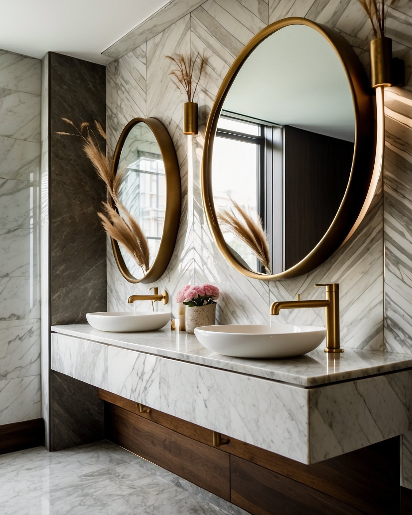 Carrara marble herringbone tile pattern on shower floor