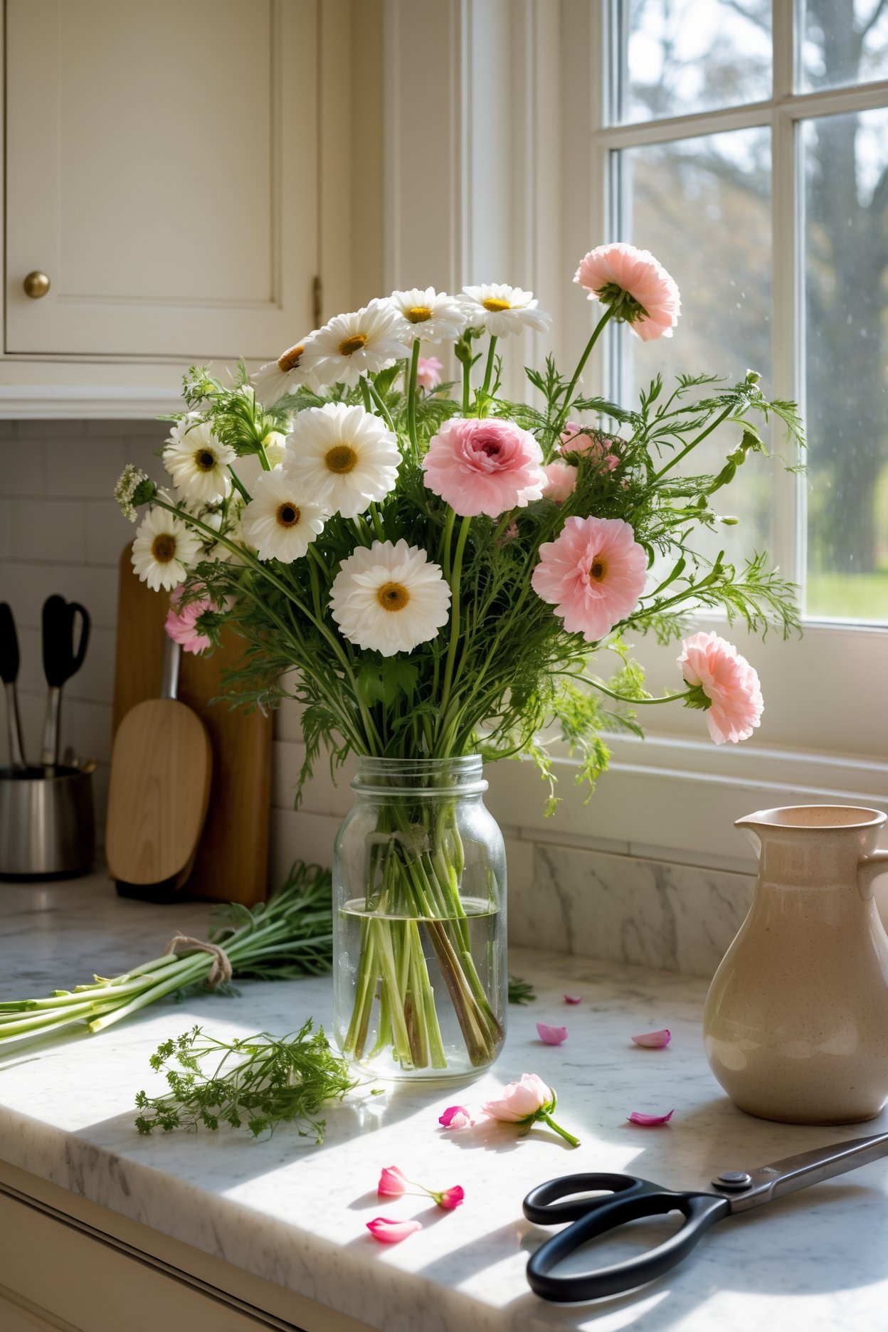 Fresh herbs and greenery styled on a kitchen counter