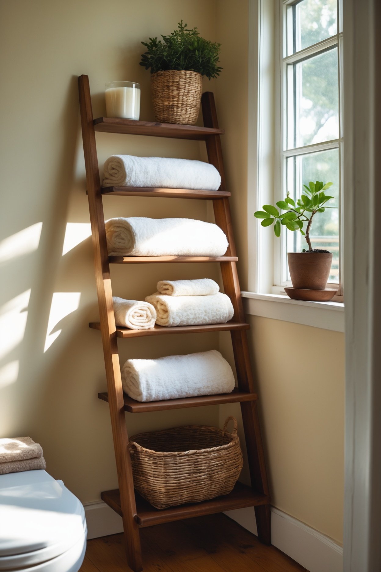 Slim bathroom shelving holding rolled towels and baskets