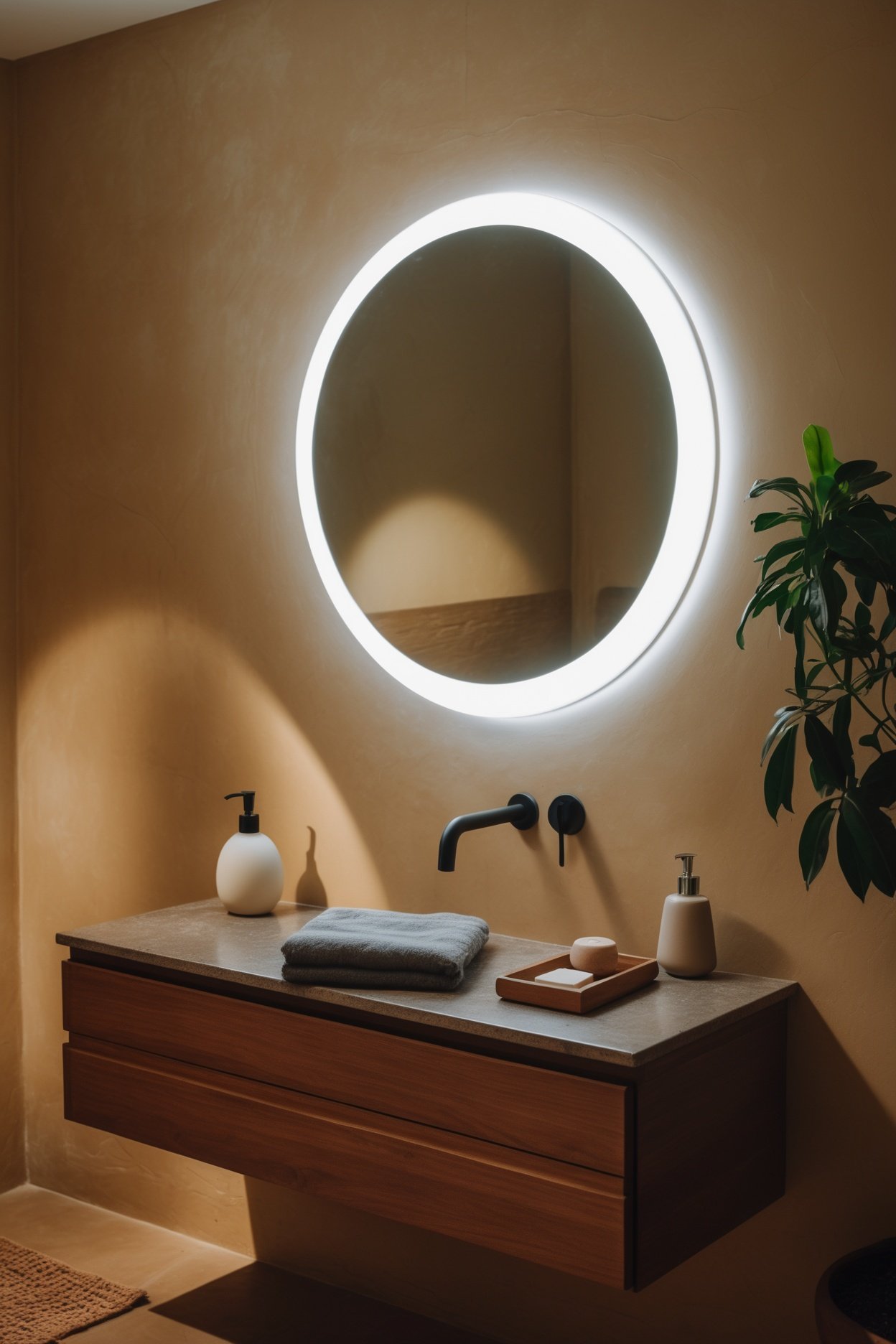 Round LED mirror glowing softly above a vanity