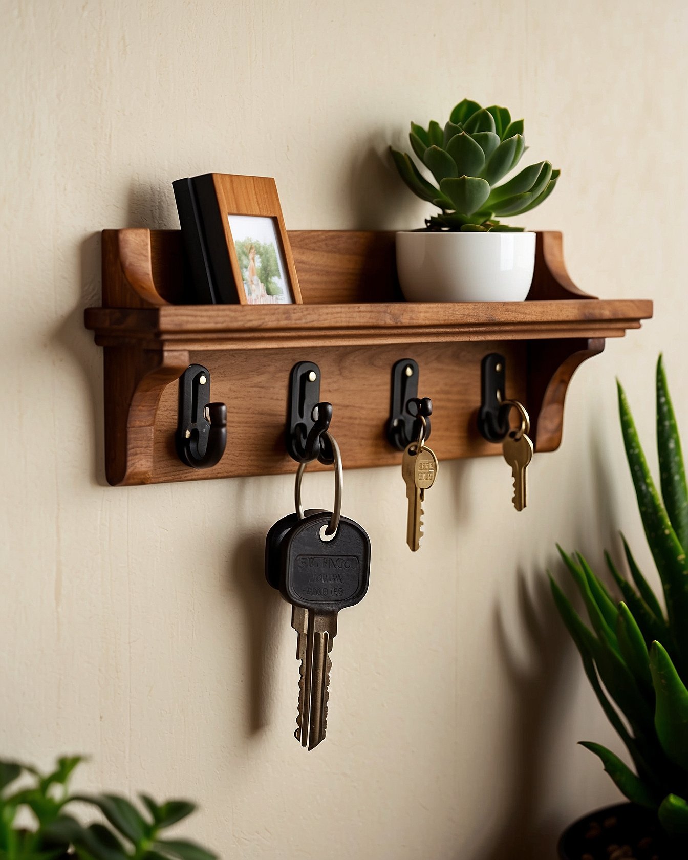 Walnut wall mounted key holder with hooks and small shelf