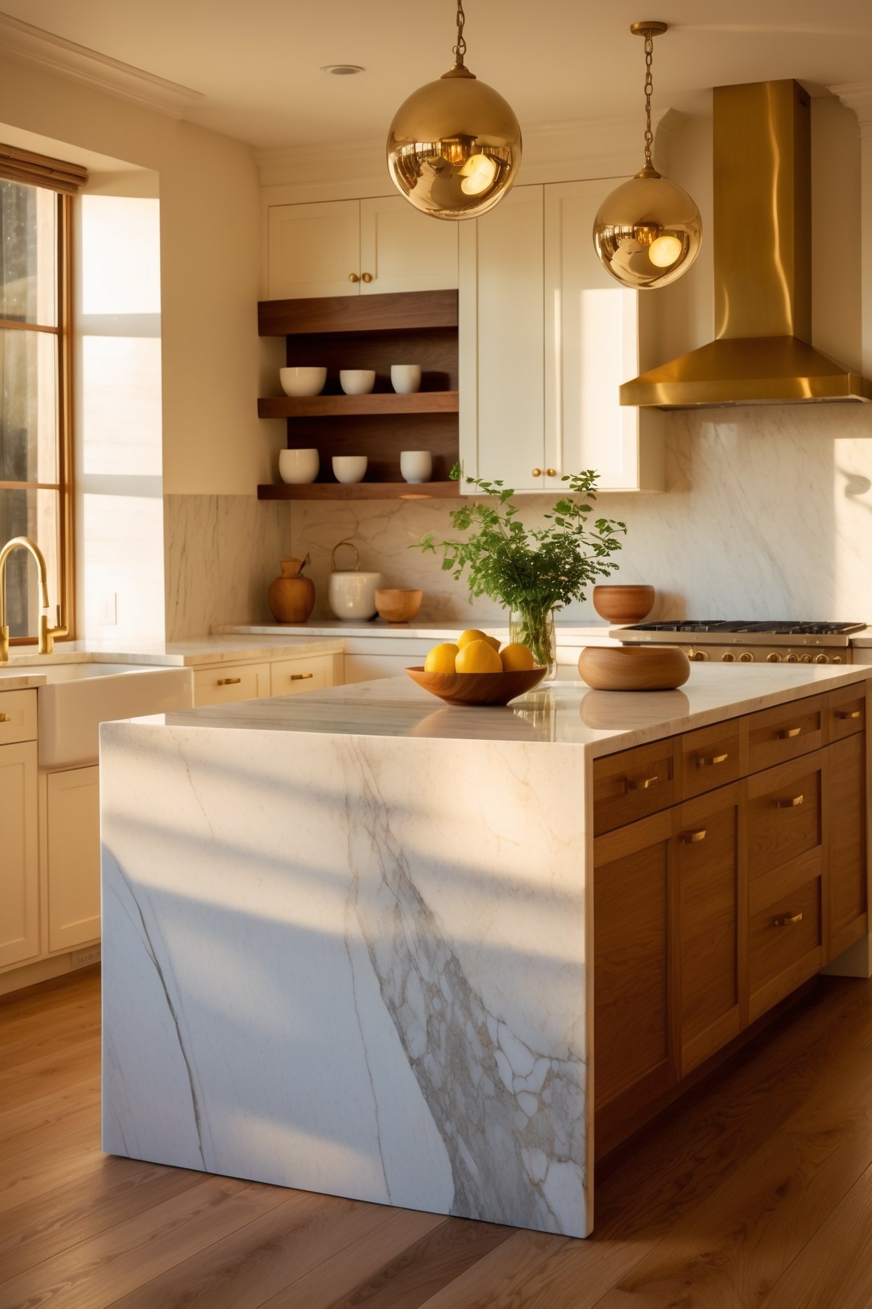 Warm kitchen with white marble waterfall island, oak base cabinets, brass globe pendants and walnut shelves